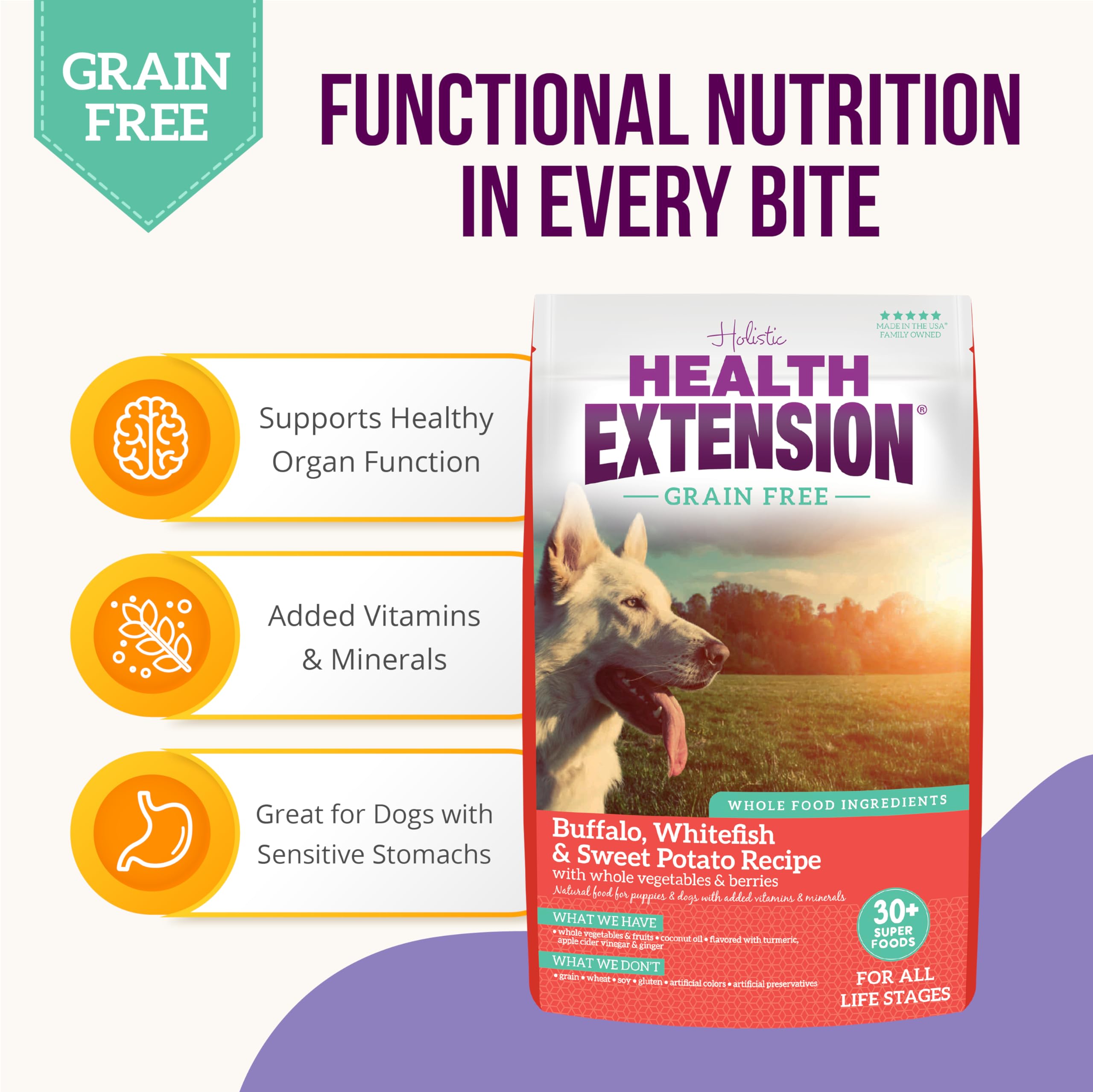 Health Extension Grain Free Buffalo & Whitefish Dry Dog Food (23.5 lb / 10.43 kg) - Whole Foods Ingredients Formula with Omega 3