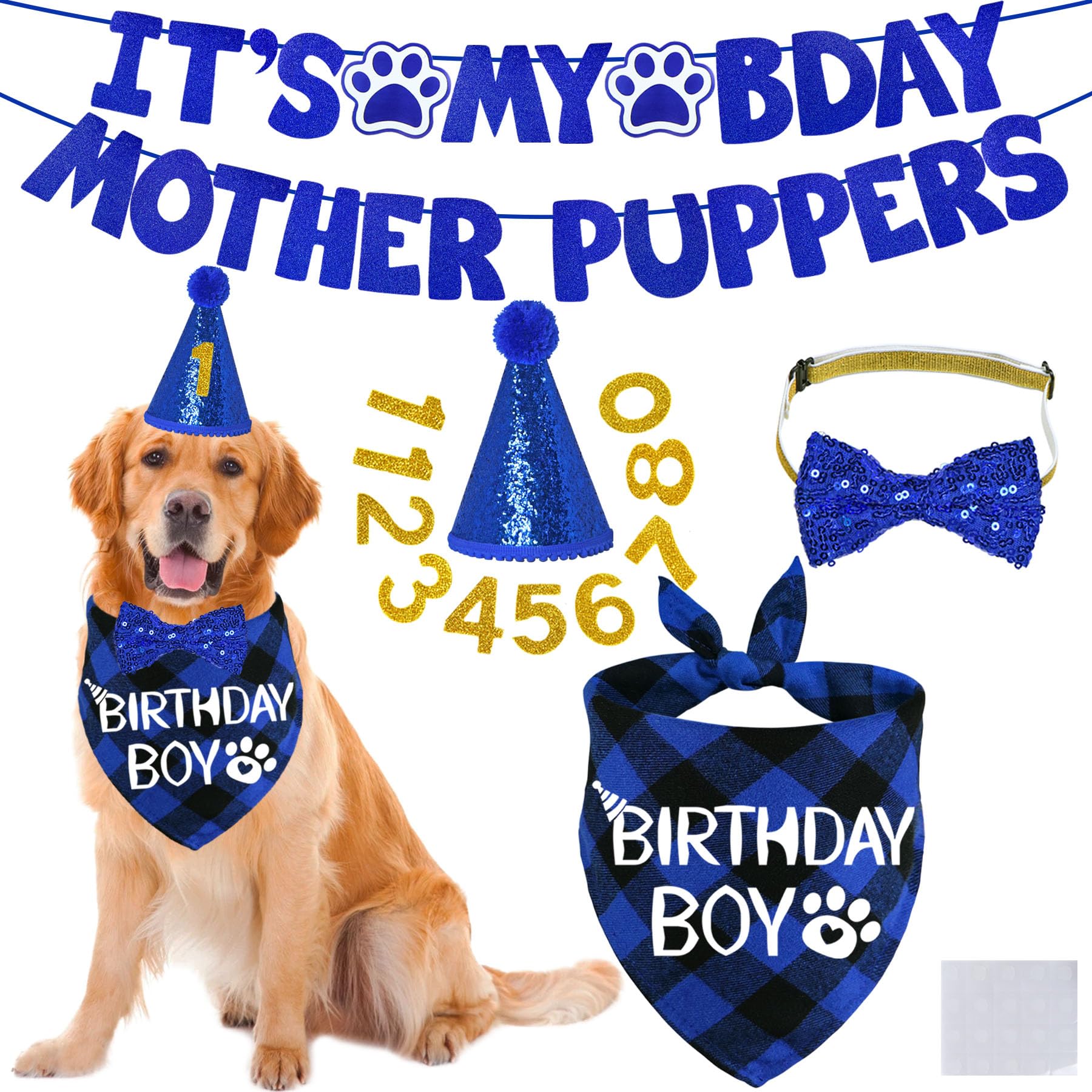 Stmk Dog Birthday Decorations, Multi Sizes Dog Birthday Hat Bandana Bow Tie Numbers Its My Bday Mother Puppers Banner For Large 