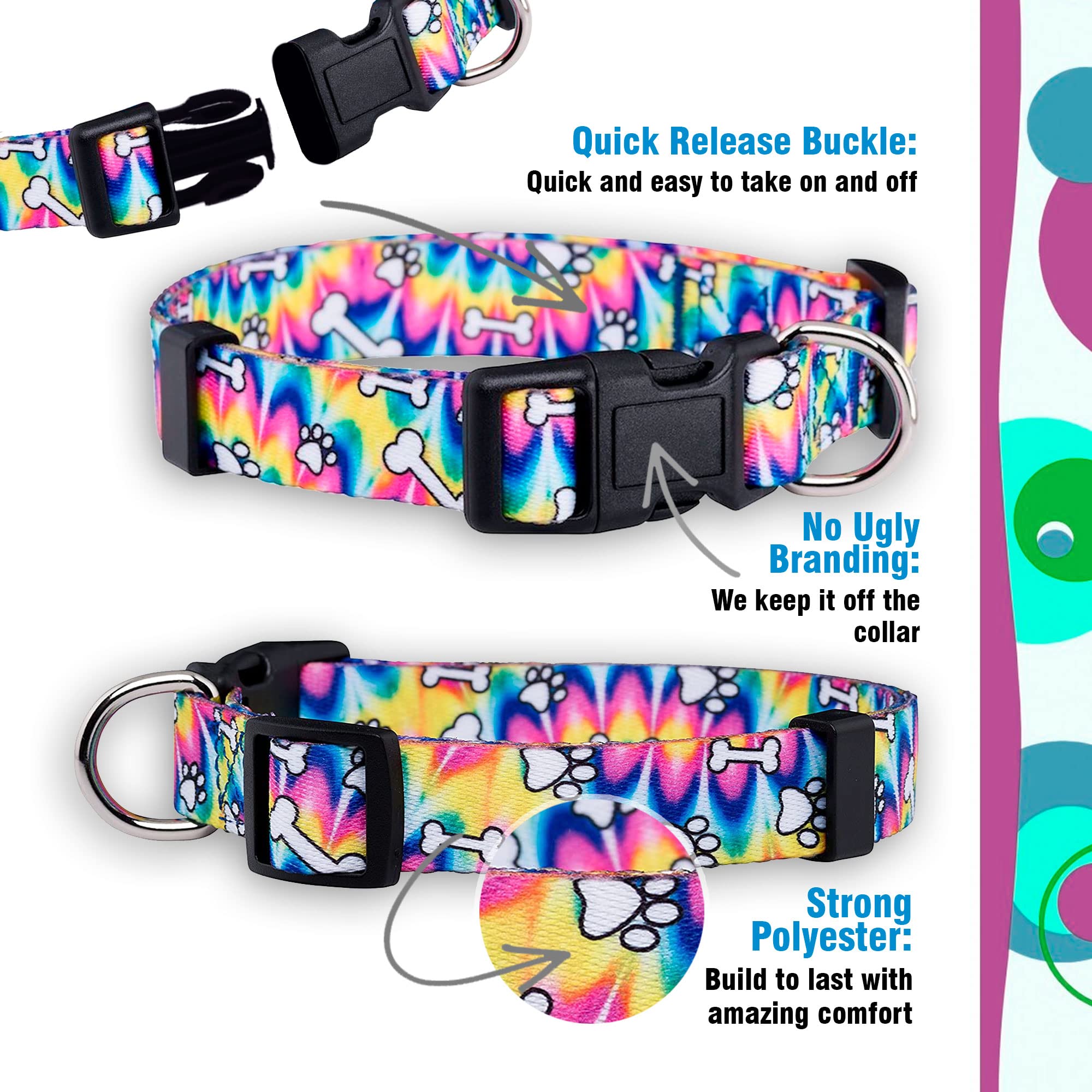Native Pup Tie Dye Dog Collar, Paws And Bones Hippie Tiedye For Small Dogs, Puppies (Small)