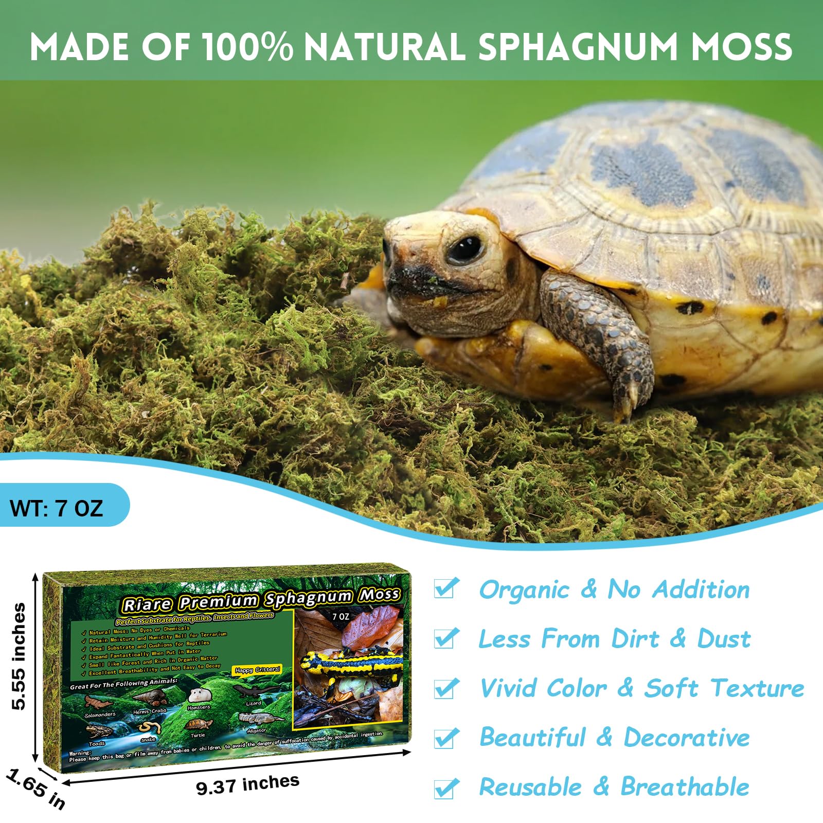 Riare 7 OZ Premium Sphagnum Moss for Reptiles- 10QT Natural Live Moss Reptile Moss Bedding for Terrarium, Hatching, Forest Sphag