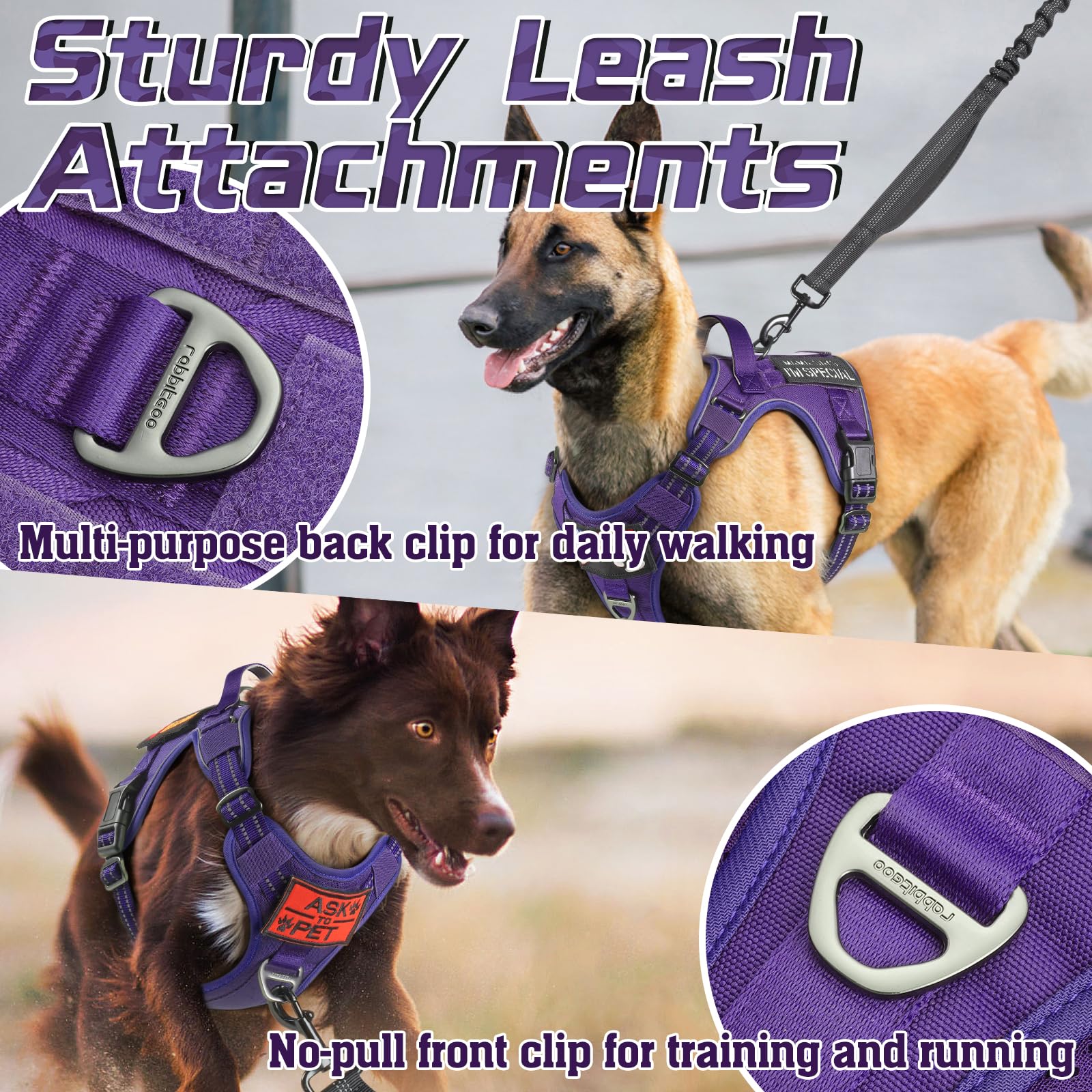 Rabbitgoo Dog Harness No Pull, Military Dog Harness For Small Dogs With Handle & Molle, Easy Control Service Dog Vest Harness Training Walking, Adjustable Reflective Tactical Pet Harness, Purple, S