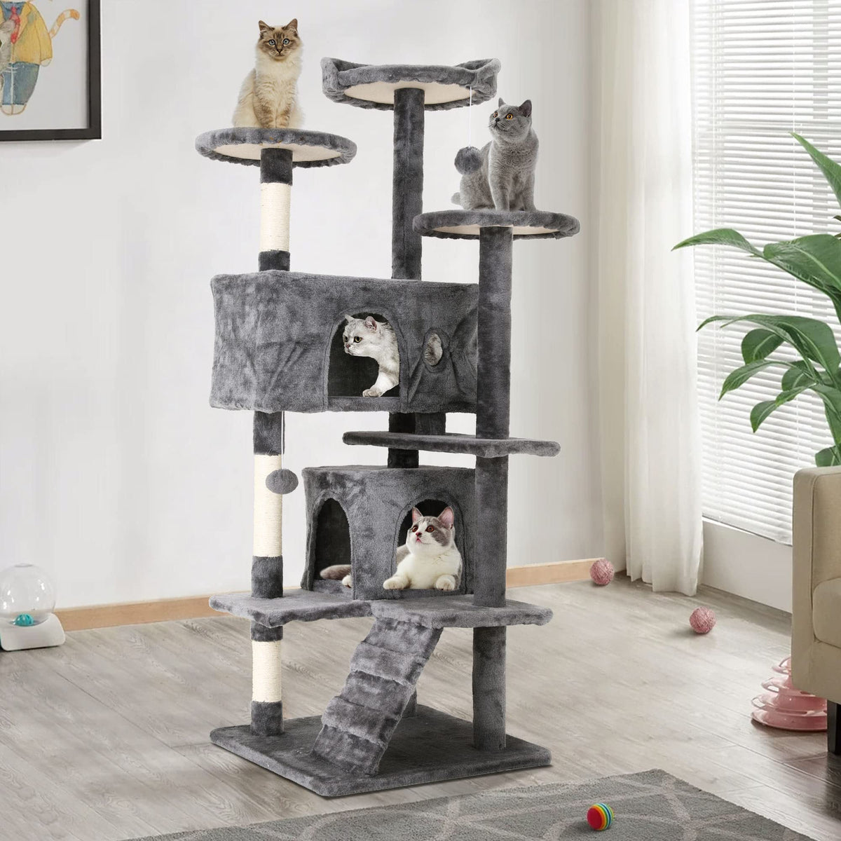 Heavy Duty Cat Tree,54 Inch Tall Cat Tower,2 Cozy Condos,Scratching Posts,Ladders & Sisal Pole,Multi-Level Perches Platforms For