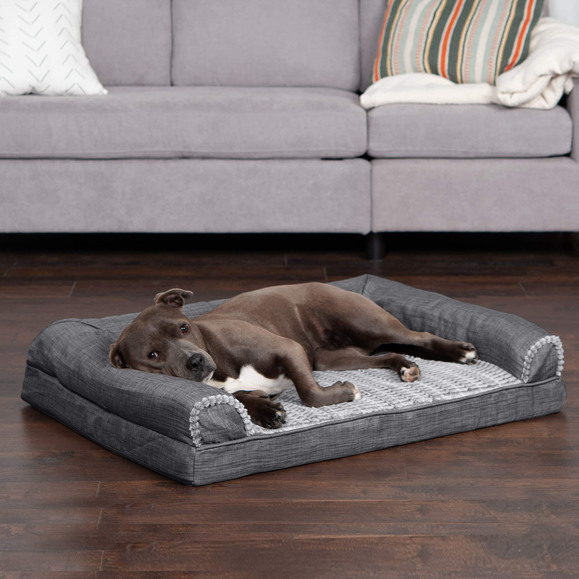 Furhaven Orthopedic Dog Bed For Large/Medium Dogs W/ Removable Bolsters & Washable Cover, For Dogs Up To 55 Lbs - Luxe Faux Fur & Performance Linen Sofa - Charcoal, Large