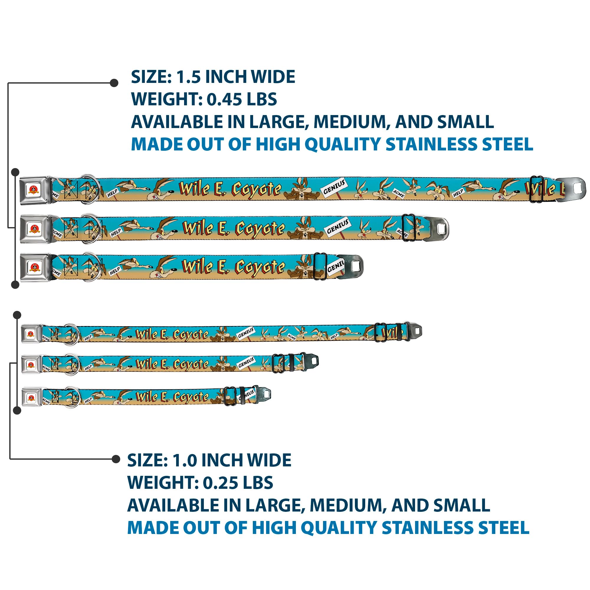 Buckle-Down Seatbelt Buckle Dog Collar - Wile E. Coyote Expressions/Signs Desert - 1.5' Wide - Fits 18-32' Neck - Large