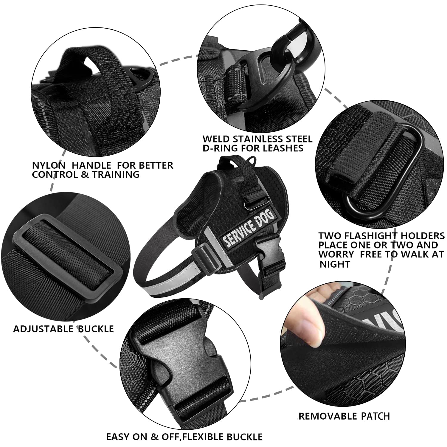 JSXD Dog Harness,No-Pull Service Dog Harness with Handle Adjustable Outdoor Pet Dog Vest 3M Reflective Nylon Material Vest for B