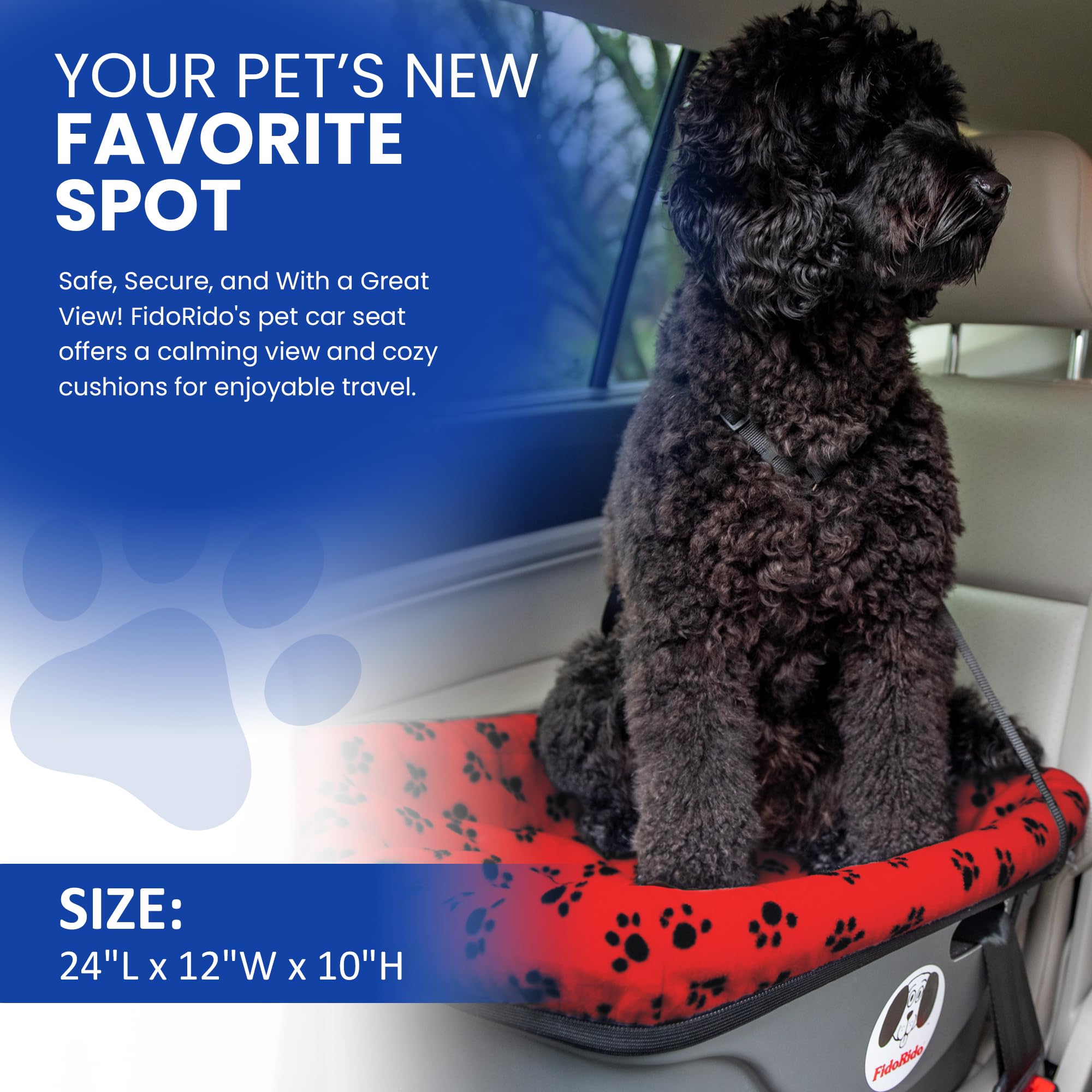 Fidorido Dog Car Seat - Pet Booster Seat For Small To Large Dogs With Comfortable Cushions, Sherpa Cover, And Safety Straps, Easy To Install, Ideal For Travel, Red, Black Paw Prints - Small Harness