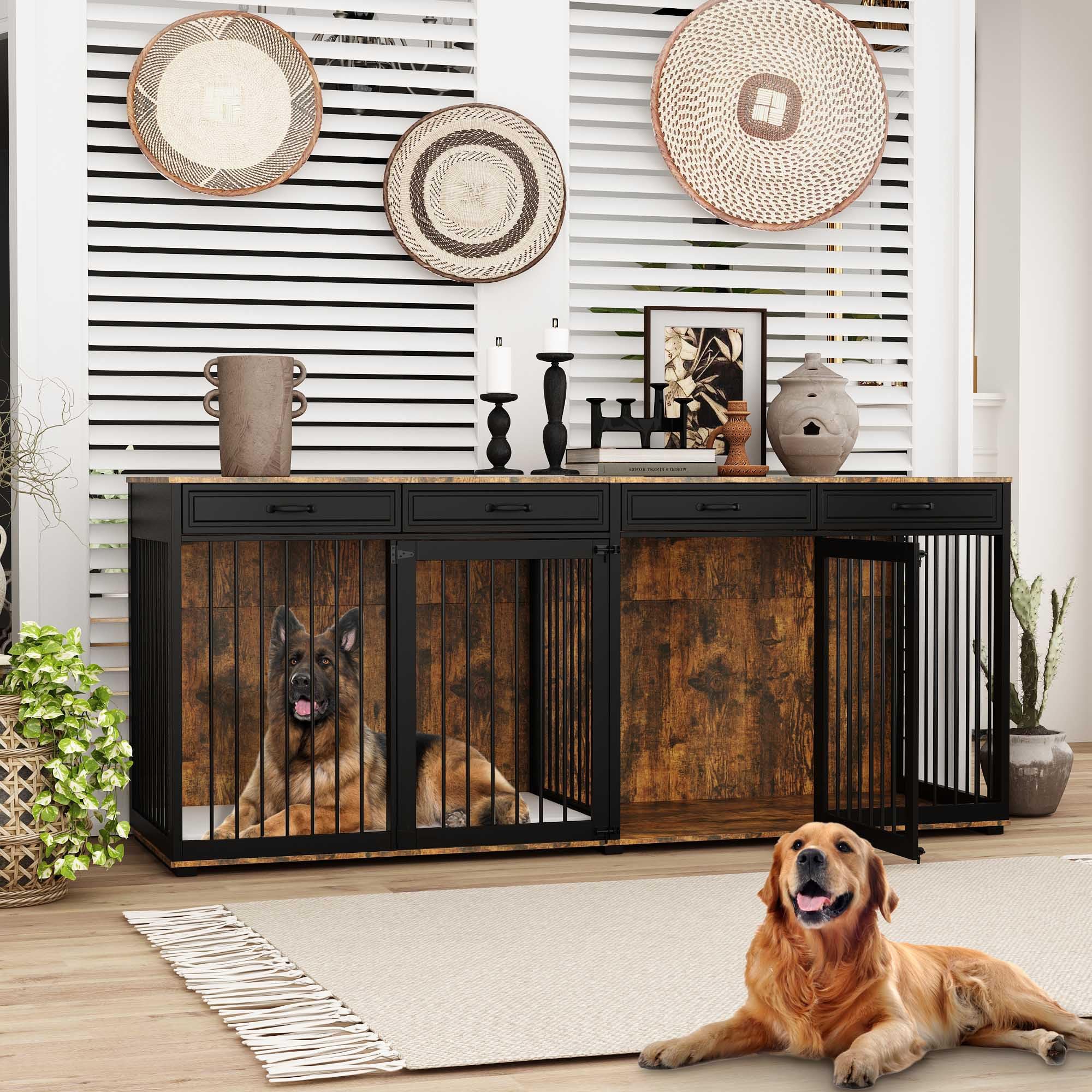 Timechee Extra Large Dog Crate with Double Rooms, 93  Heavy Duty Wooden Dog Cage Furniture Dog Crate Kennel w/Drawers & Removabl
