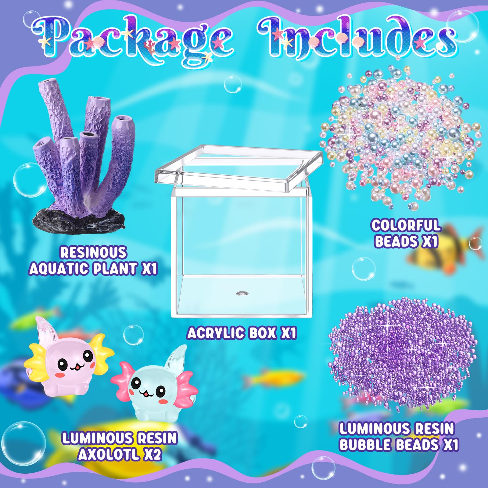 HyDren Axolotl DIY Tank Gift Set - Mini Figures & Beads, Stylish Coral, Purple, Acrylic & Resin, Model MF3716