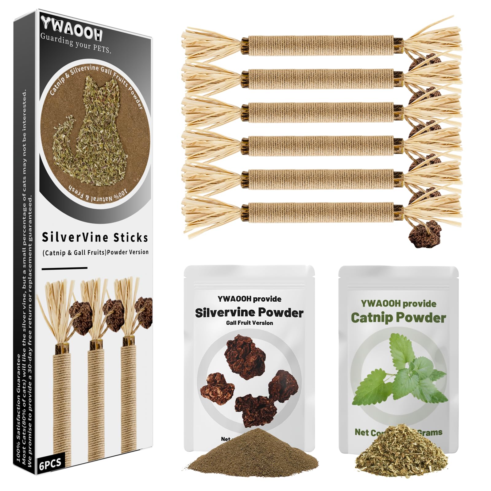 YWAOOH Cat Toys, 6 Silvervine Chew Sticks & 1PCS Organic Catnip & 1PCS Silvervine Powder, Cat Dental Toys for Kitten Teeth Clean