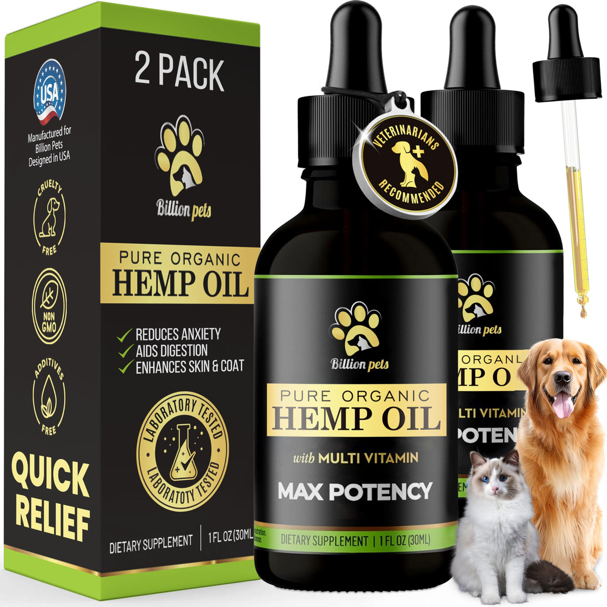 Billion Pets - Hemp Oil For Dogs And Cats - Helps With Anxiety, Pain - Hip And Joint Support - Calming Treats