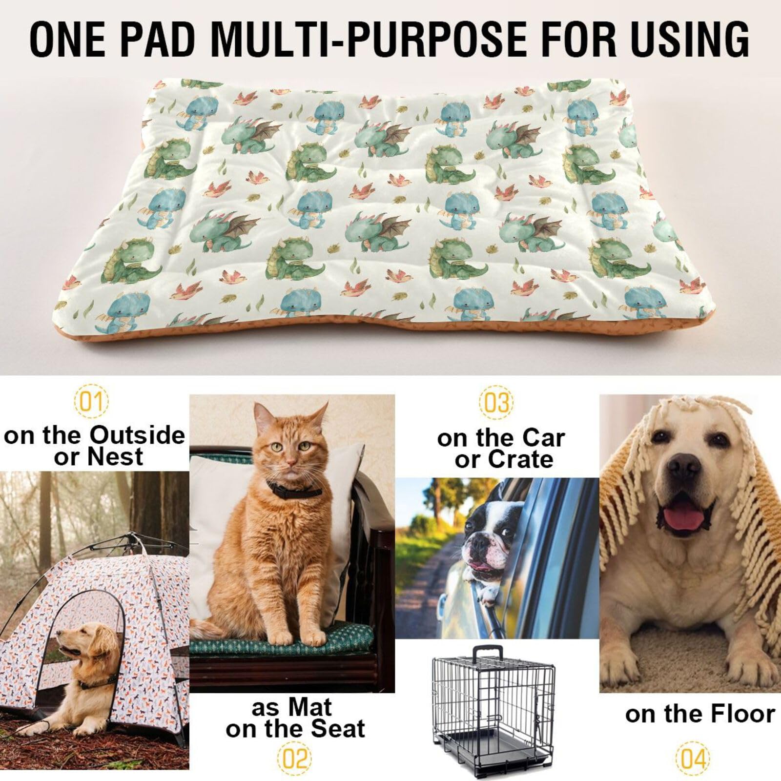 Coikll Watercolor Dragon Pet Bed Pad Soft Dog Bed Mat With Anti-Slip Bottom, Machine Washable Crate Pad Mattress For Dog Sleepin