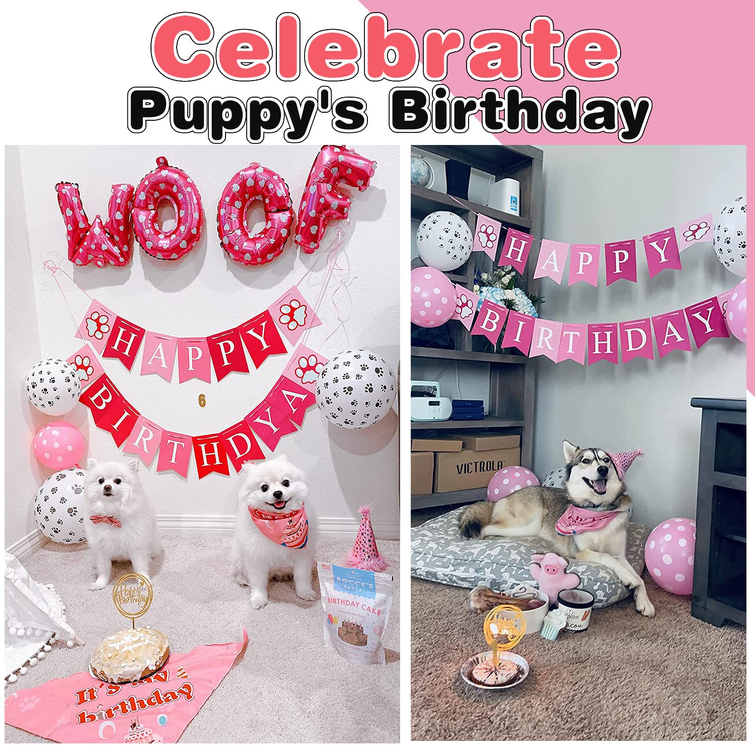 Dog Birthday Party Supplies - Girl Bandanas Set With Hat, Scarf, Banner, Balloons And Bowtie - Puppy Pals Party Decorations