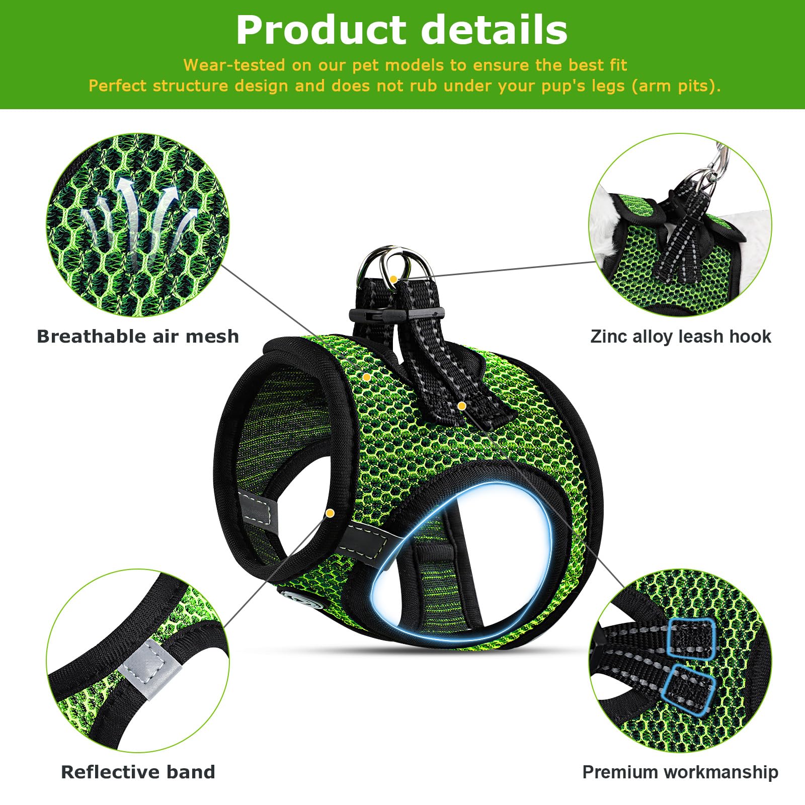 No Pull Small Dog Harness For Under 22 Lbs Dogs, Step In Air Mesh Puppy Reflective Lightweight Dogs Cats Vest (Green
