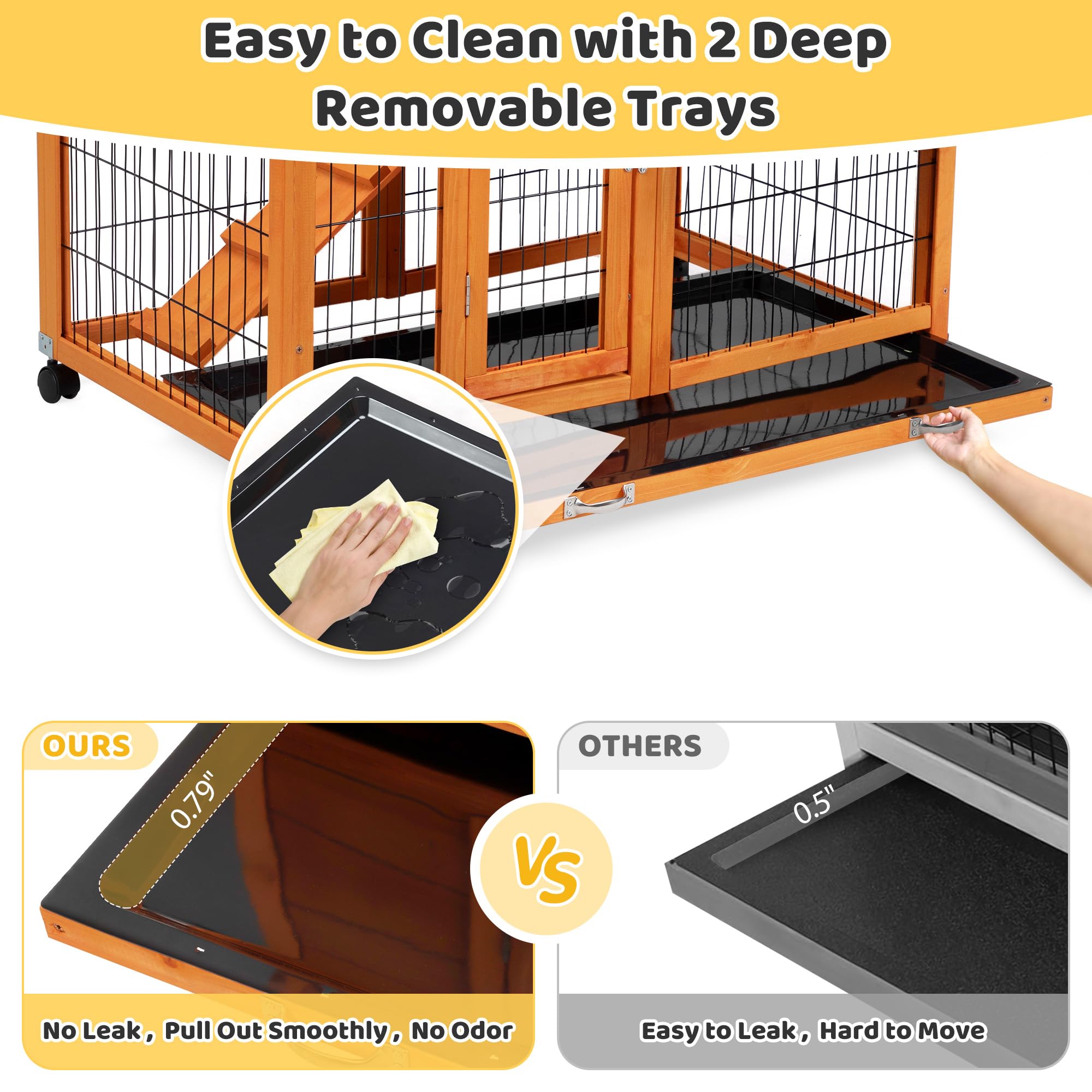 Indoor Rabbit Hutch Outdoor Bunny Hutch With Wheels, 2 Pull-Out Trays, Waterproof Openable Roof, 39'' L Large 2-Level Wooden Rab