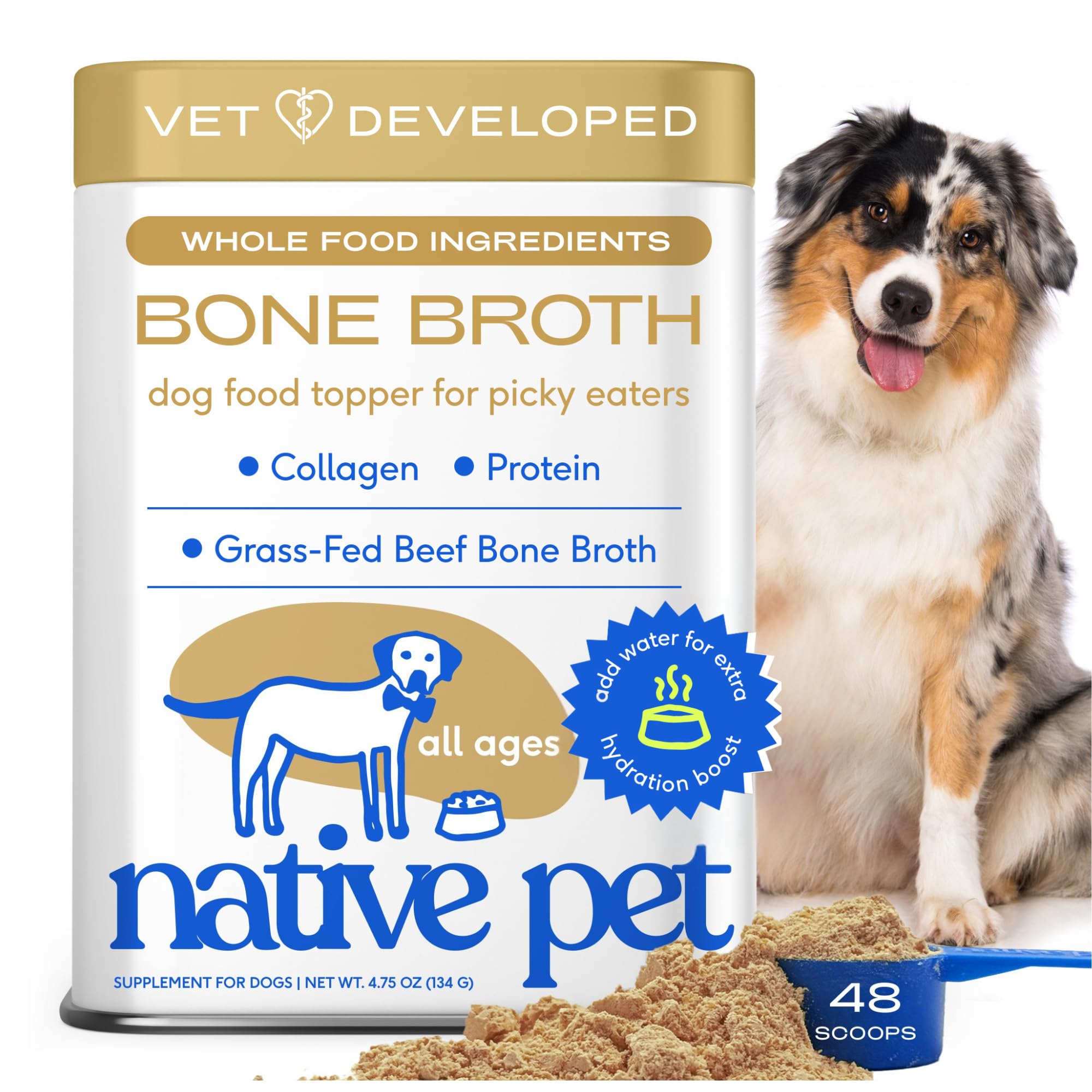 Native Pet Bone Broth for Dogs - Made with Real Beef Bone Broth, Dog Food Toppers for Picky Eaters - Provides Extra Hydration & 