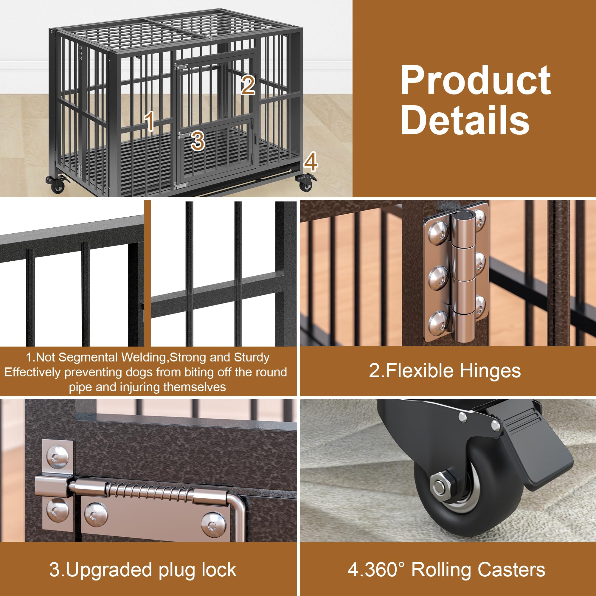 Polar Aurora Heavy Duty Dog Crate, Foldable Indestructible Dog Kennel, Escape Proof Extra Large Dog Cage With Lockable Wheels, H