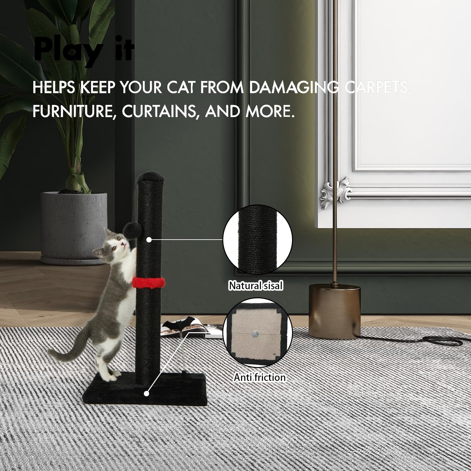 Mecool Cat Scratching Post Premium Sisal Scratch Posts With Hanging Ball Vertical Scratcher For Indoor Cats And Kittens (Black, 22 Inches For Kitten)