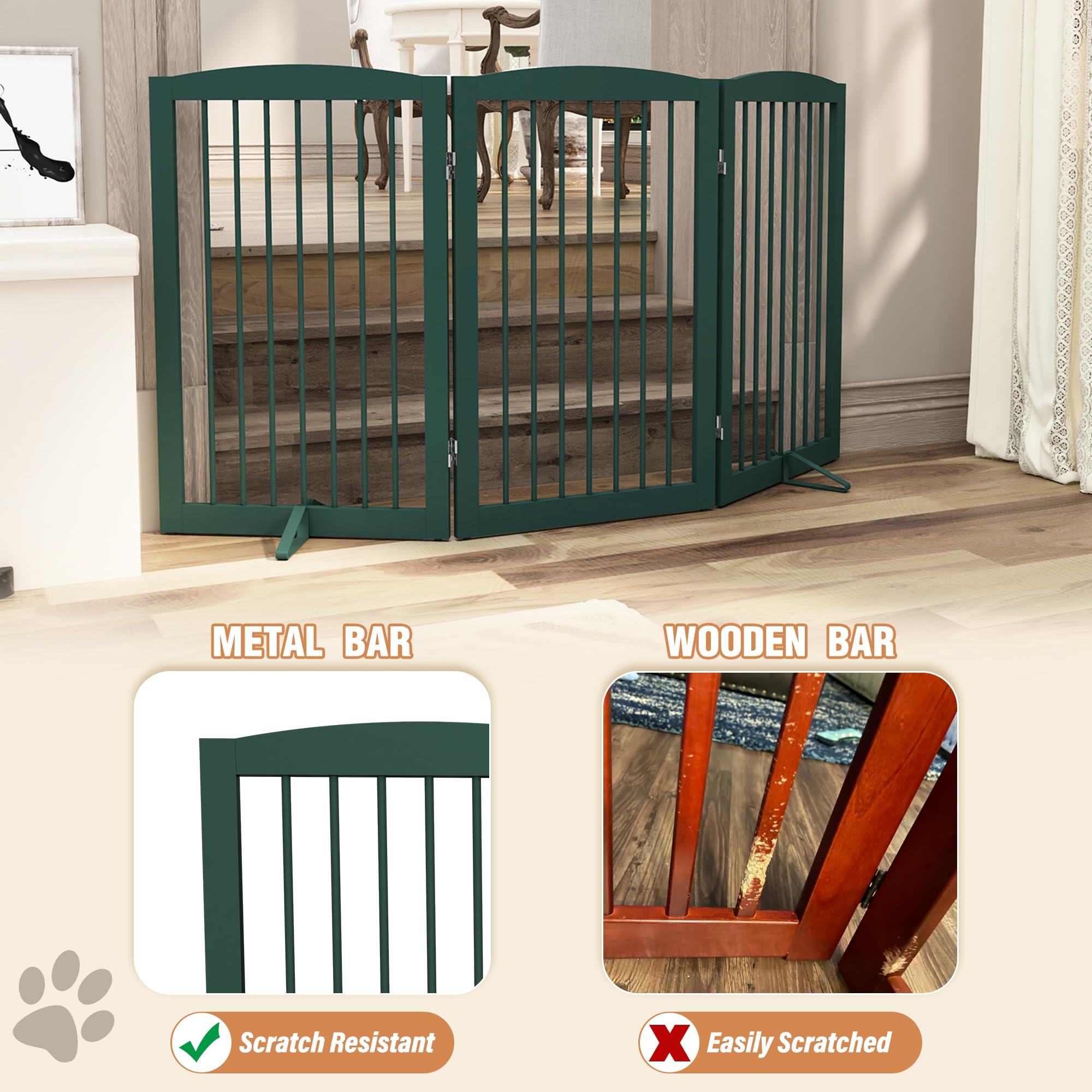 PUPETPO Freestanding Pet Gate for Dogs, Foldable Wooden Dog Gate for House Indoor, Step Over Pet Puppy Safety Fence for Stair, D