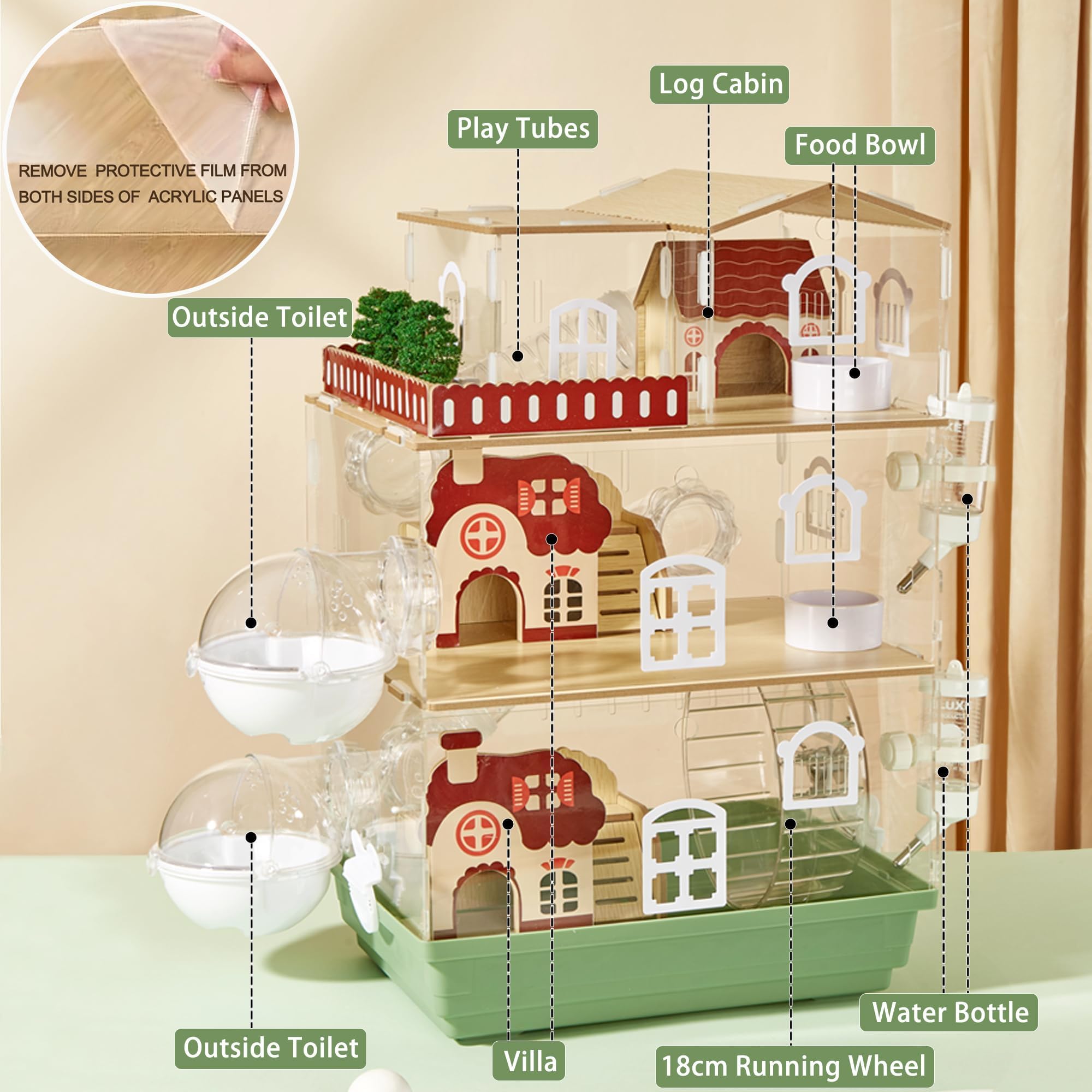 17 In 1 Clear Acrylic Hamster Cage With All Accessories,13.5''L* 10''W* 21''H Dwarf Hamster Cage,Magnetic Connection Small Hamst