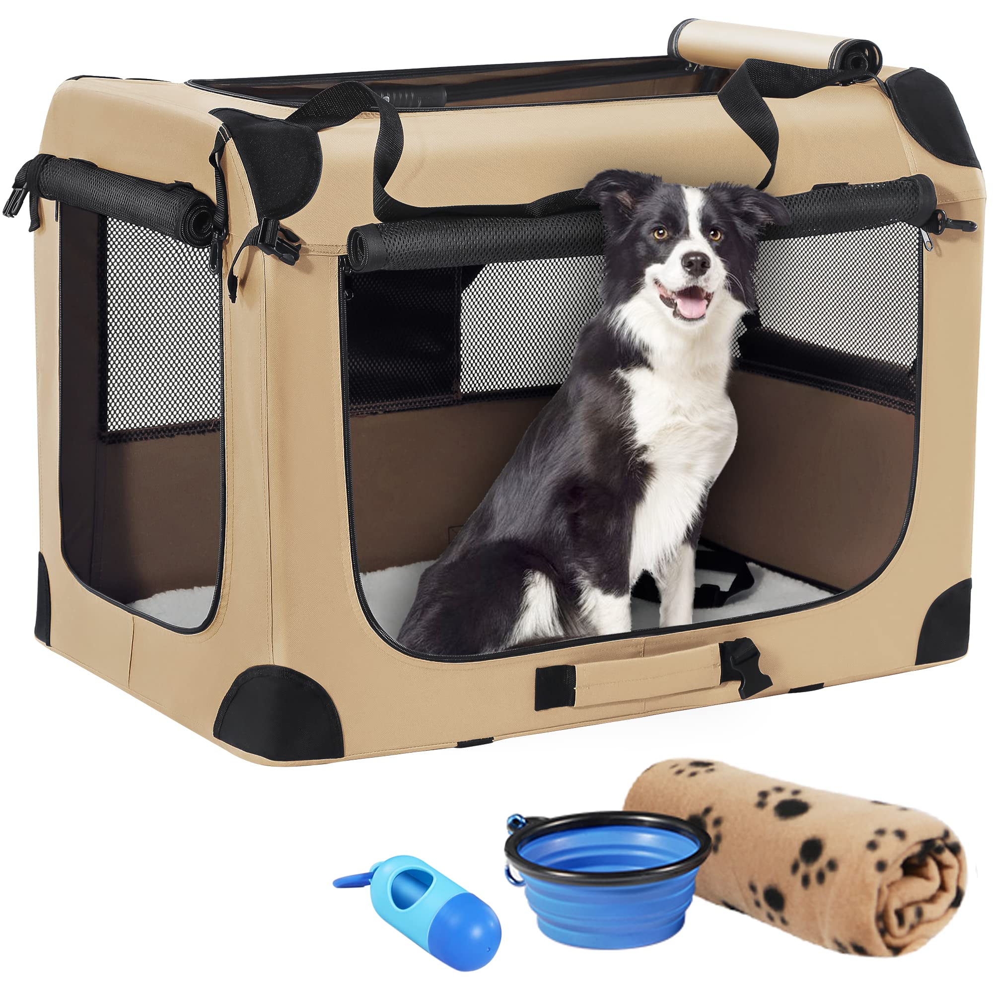 Petprsco Portable Dog Crate - 32''X23''X23'' Collapsible Dog Travel Crate For Medium/Large Dogs With Soft Blanket, Foldable Bowl