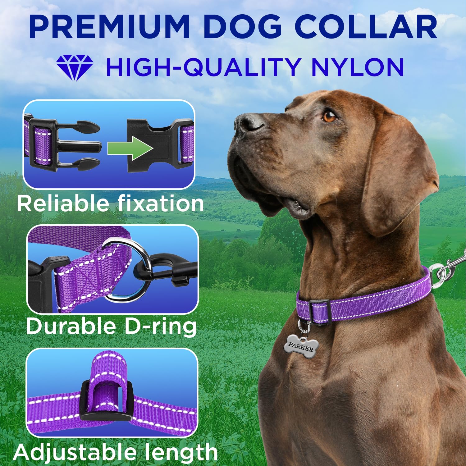 Teceum Reflective Dog Collar - Purple - Xxs - Basic Nylon Pet Collar - Quick Release Buckle - Fits Small, Medium And Large Dogs,