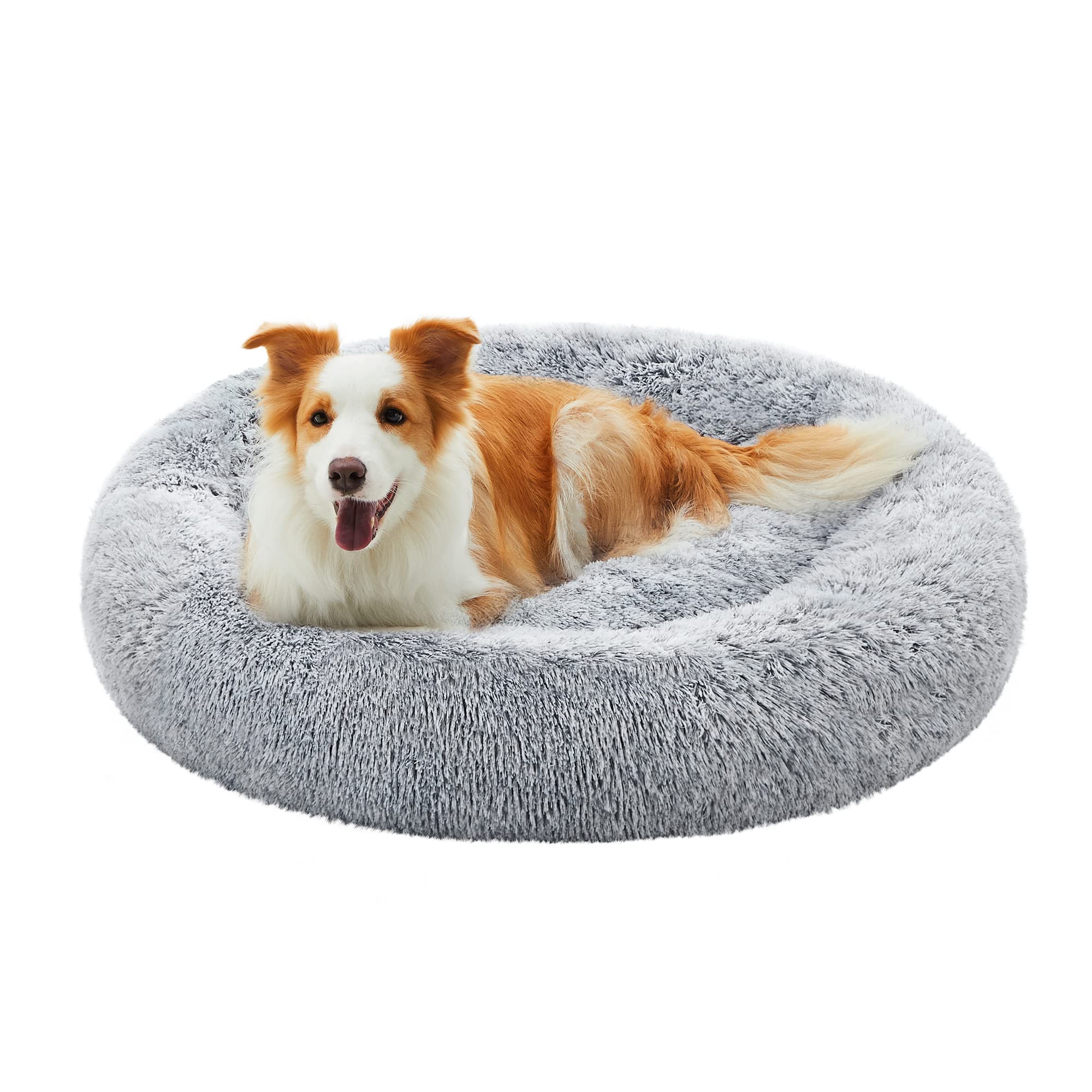 FEANDREA Dog Bed, Donut Cat Bed, Fluffy Calming Pet Bed with Removable, Washable Cover, Soft Long Plush, 100 cm, Grey
