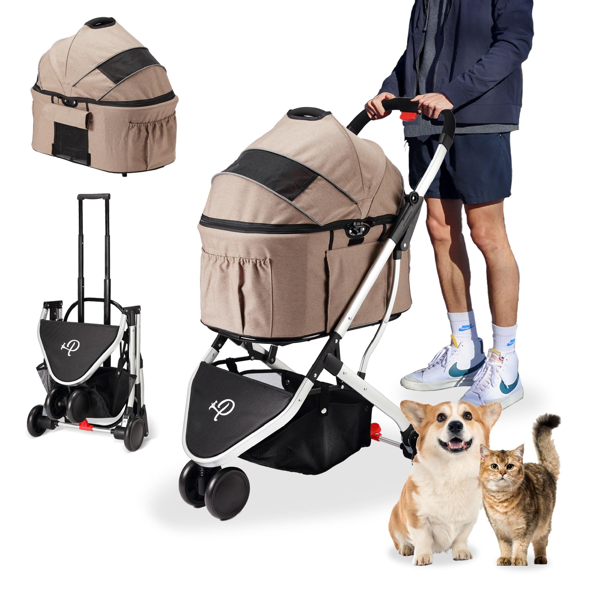 Petique 3-In-1 Newport Pet Stroller (Travel Carrier + Car Seat + Stroller), Easy Trifold/Unfold, 360 Front Rotating Wheel, Small