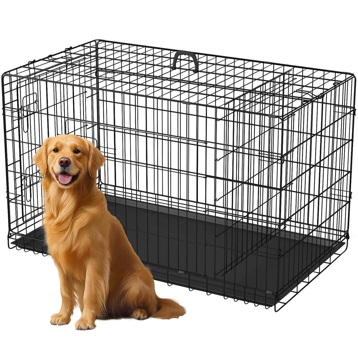 FDW Dog Crate 42-Inch Dog Cage Single Door Foldable Metal Kennel with Leakproof Tray Foldable Design Indoor Outdoor Use for Larg