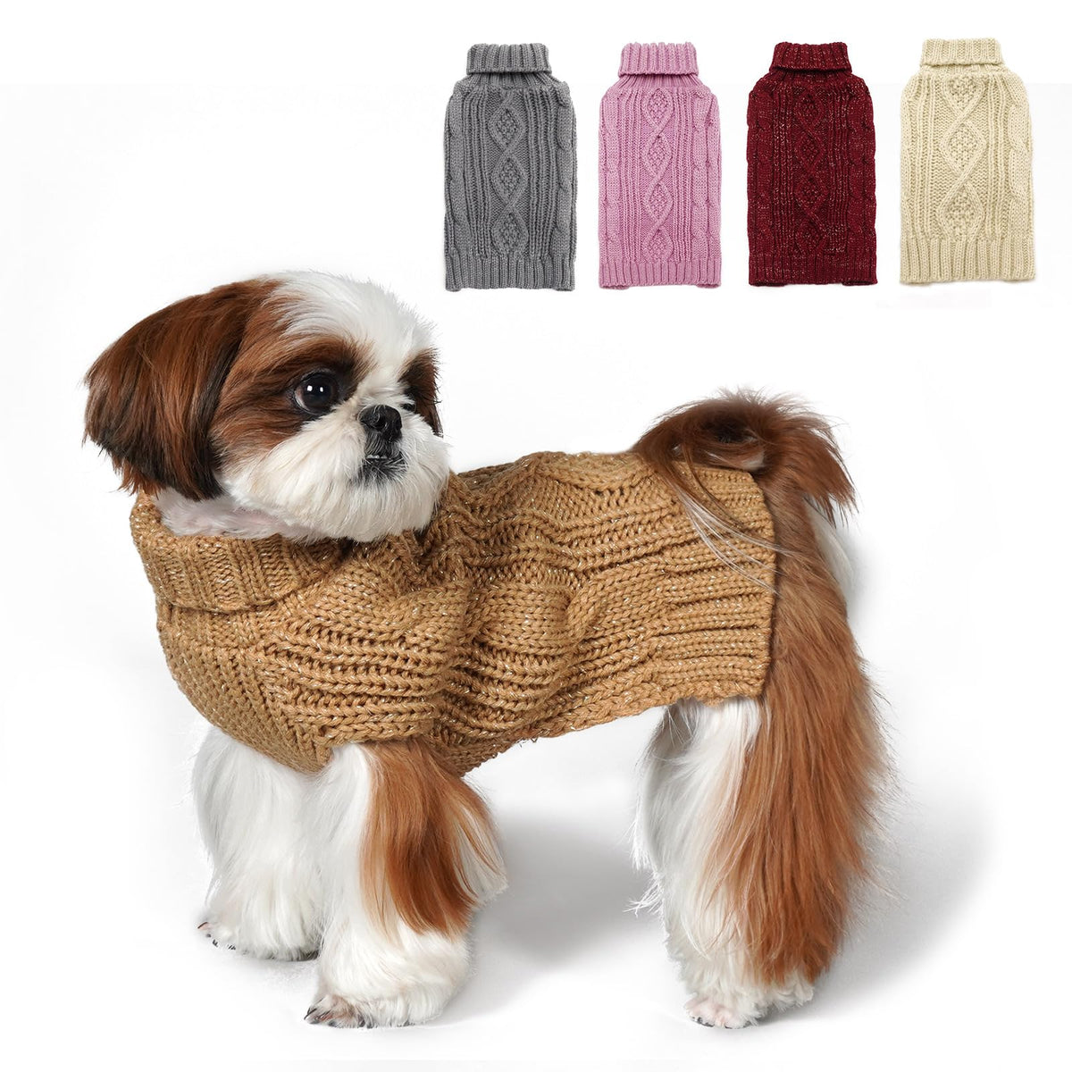 Kyeese Dog Sweaters For Medium Dogs Turtleneck Dog Cable Knit Puppy Sweater With Golden Thread For Cold Weather, Brown, Large