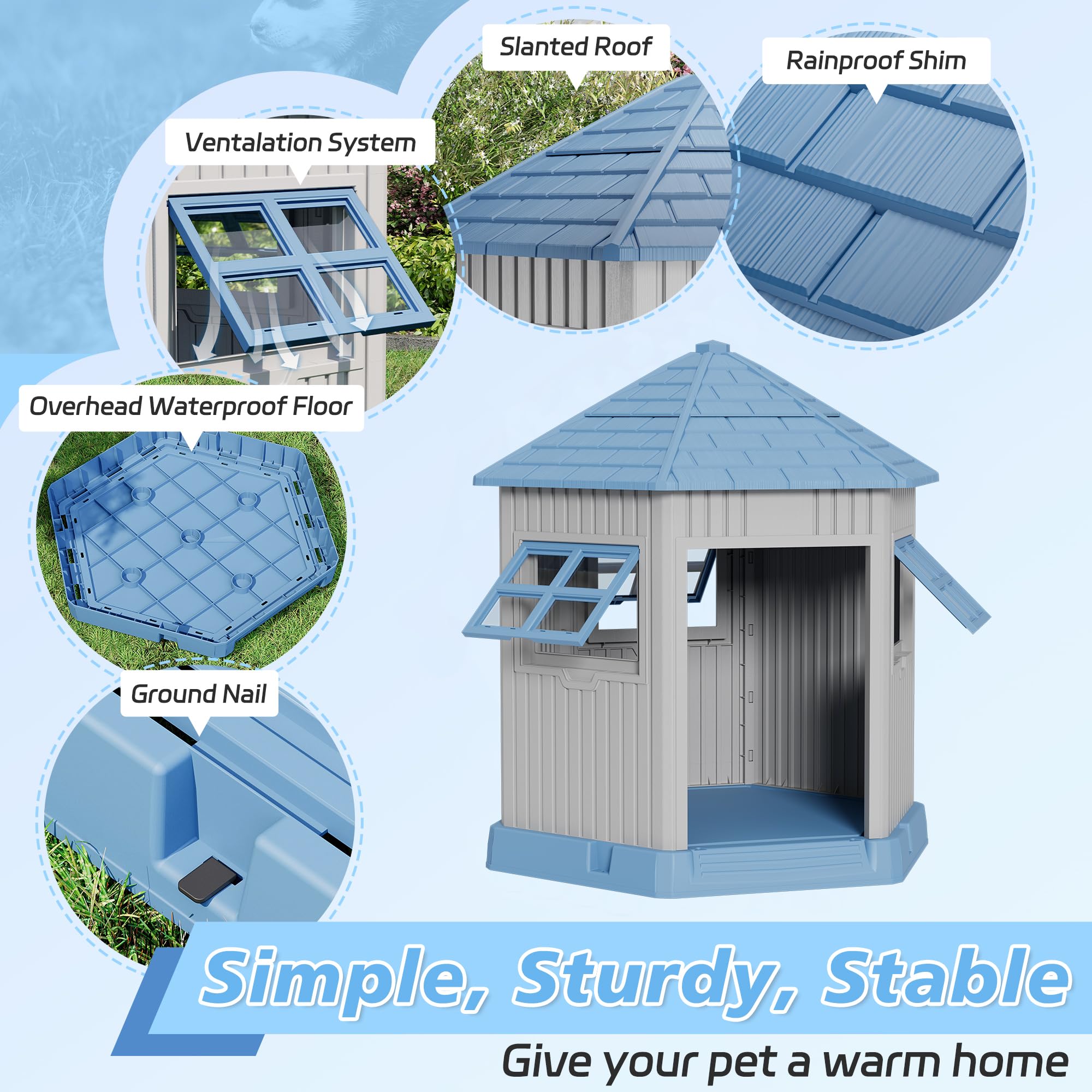 Fancyango Dog House for Small Medium Dogs, Weatherproof, Elevated Floor, 36.61''L x 29.5''W x 37.4''H, Blue-Grey, Model
