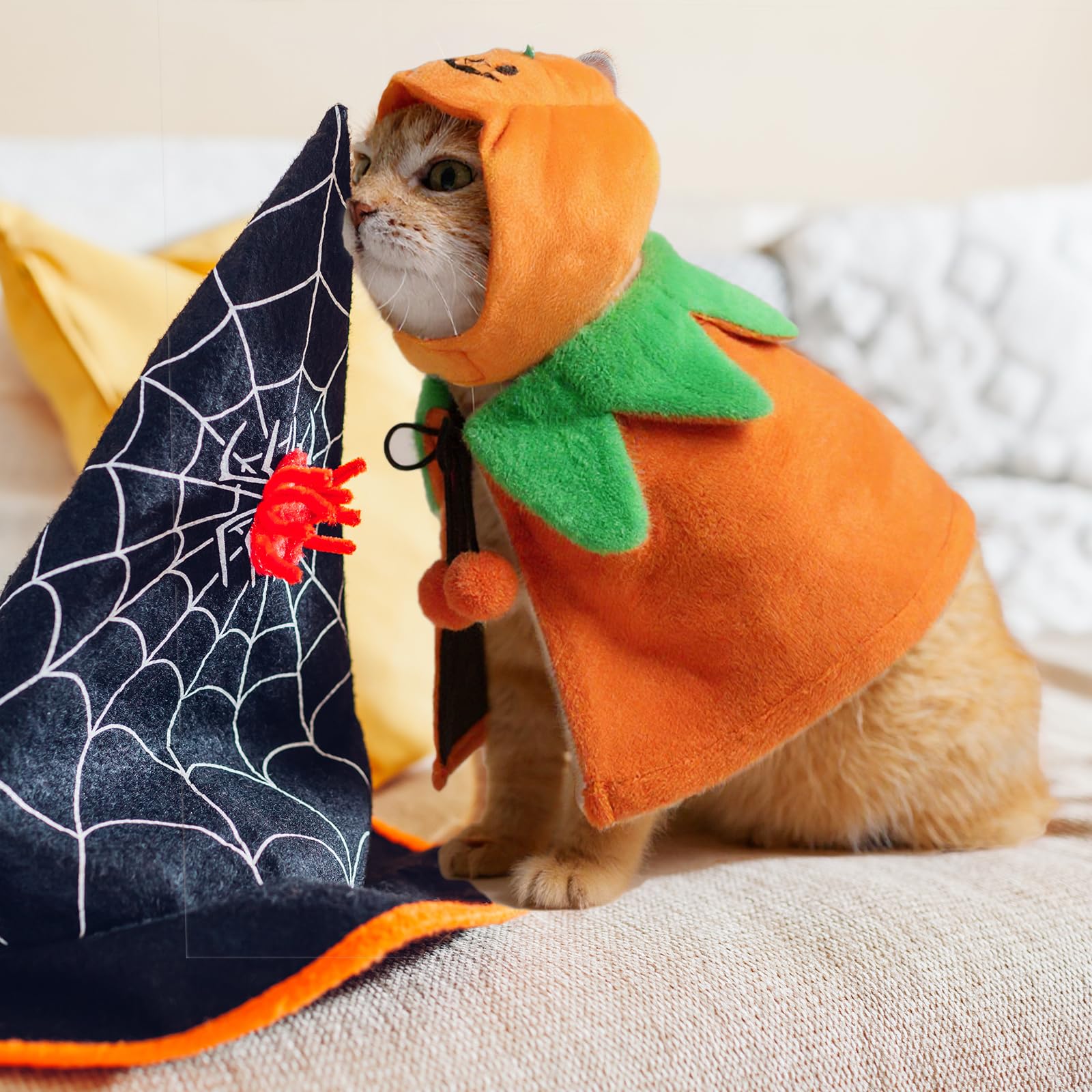 Huhumy 2 Sets Pet Pumpkin Costume Cat Halloween Cloak Hat Set for Dog Cat Halloween Costumes Pumpkin Hat for Dogs Puppy Poncho S