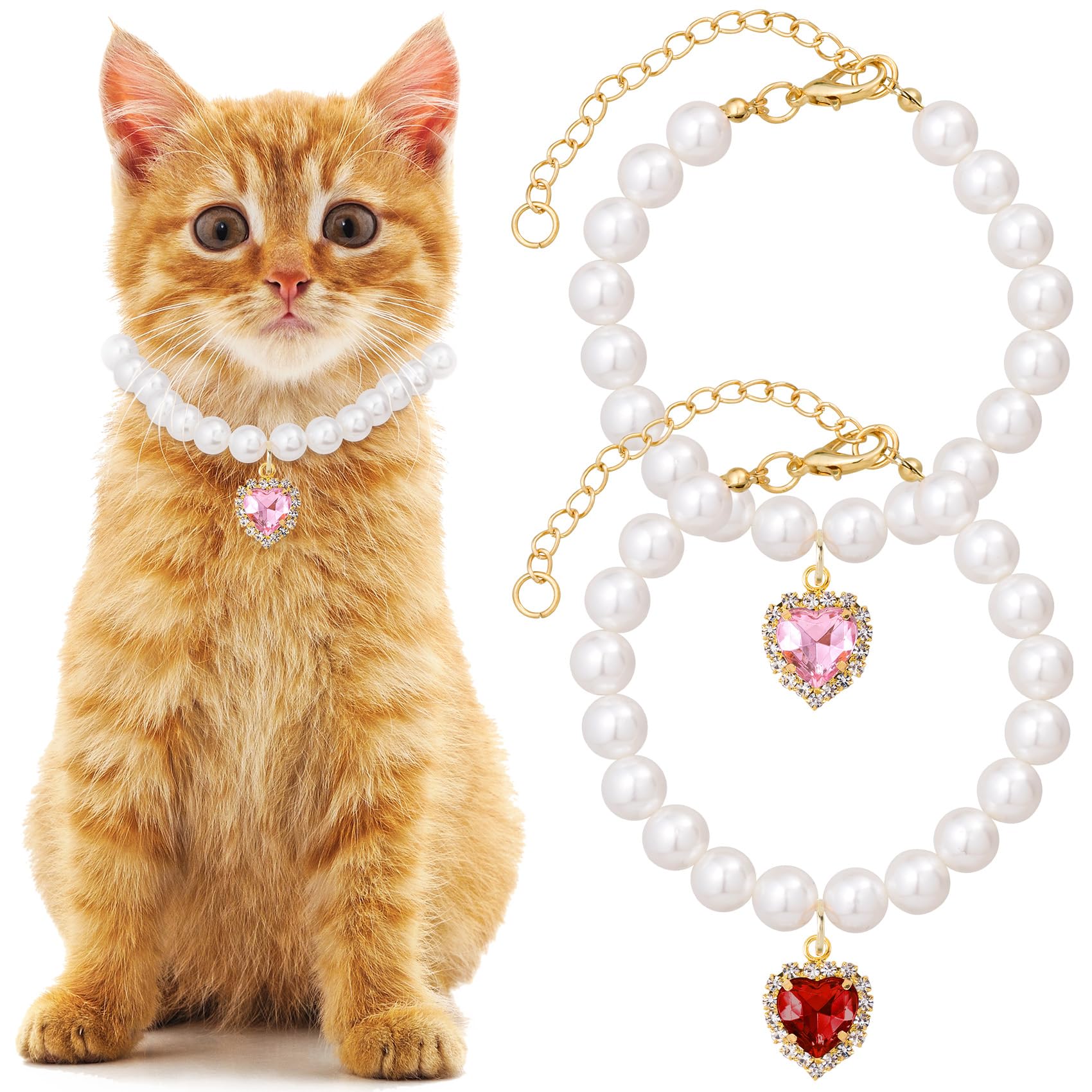 Mxxipp 2Pcs Cat Pearl Collar With Heart Pendant, Cute Pearl Pet Necklace In Small, Adjustable Wedding Party Small Dog Jewelry Ac