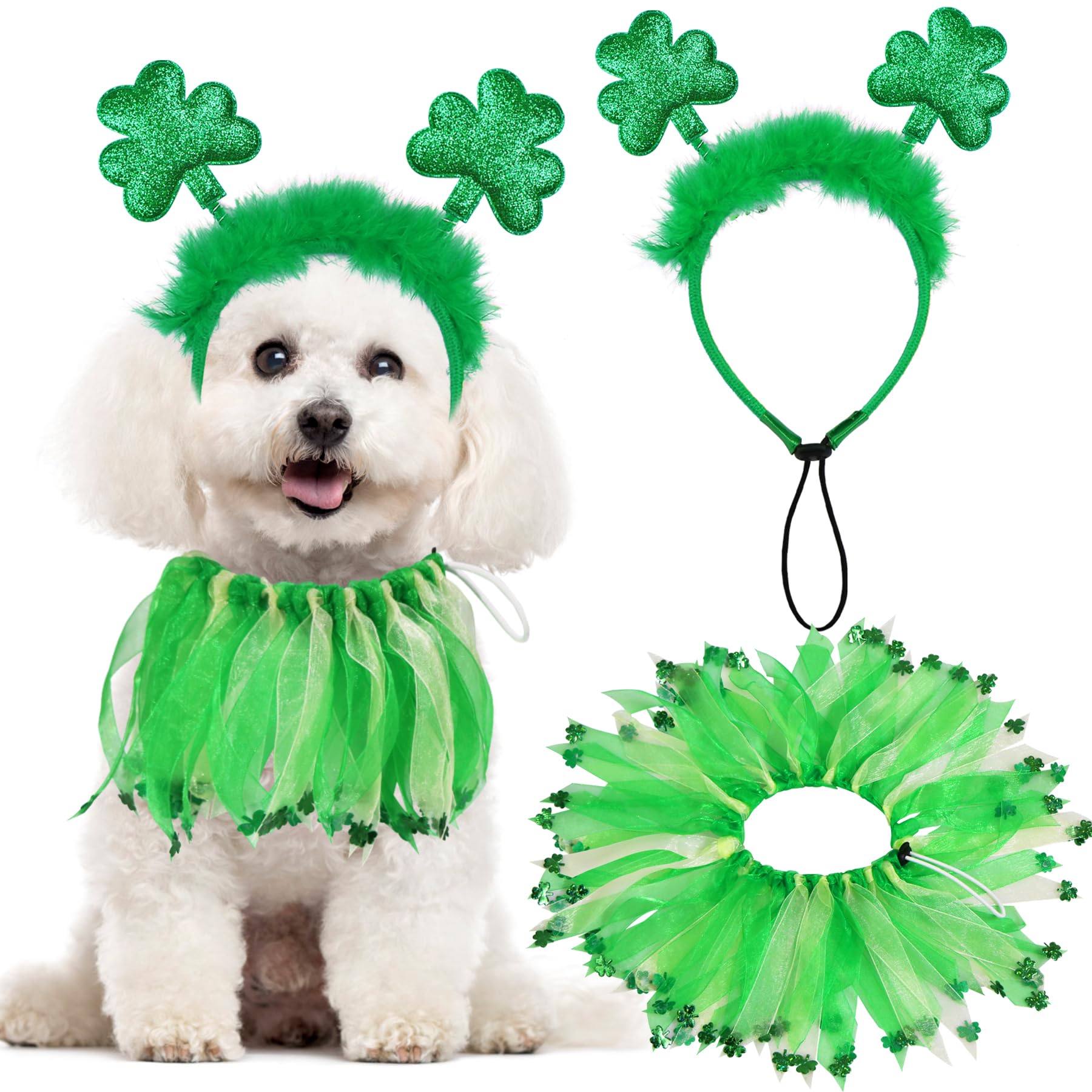 GOYOSWA Dog St. Patrick's Day Outfit, St Patricks Day Dog Costume Clothes Green Glitter Shamrock Dog Headband Dog Collar with Sh