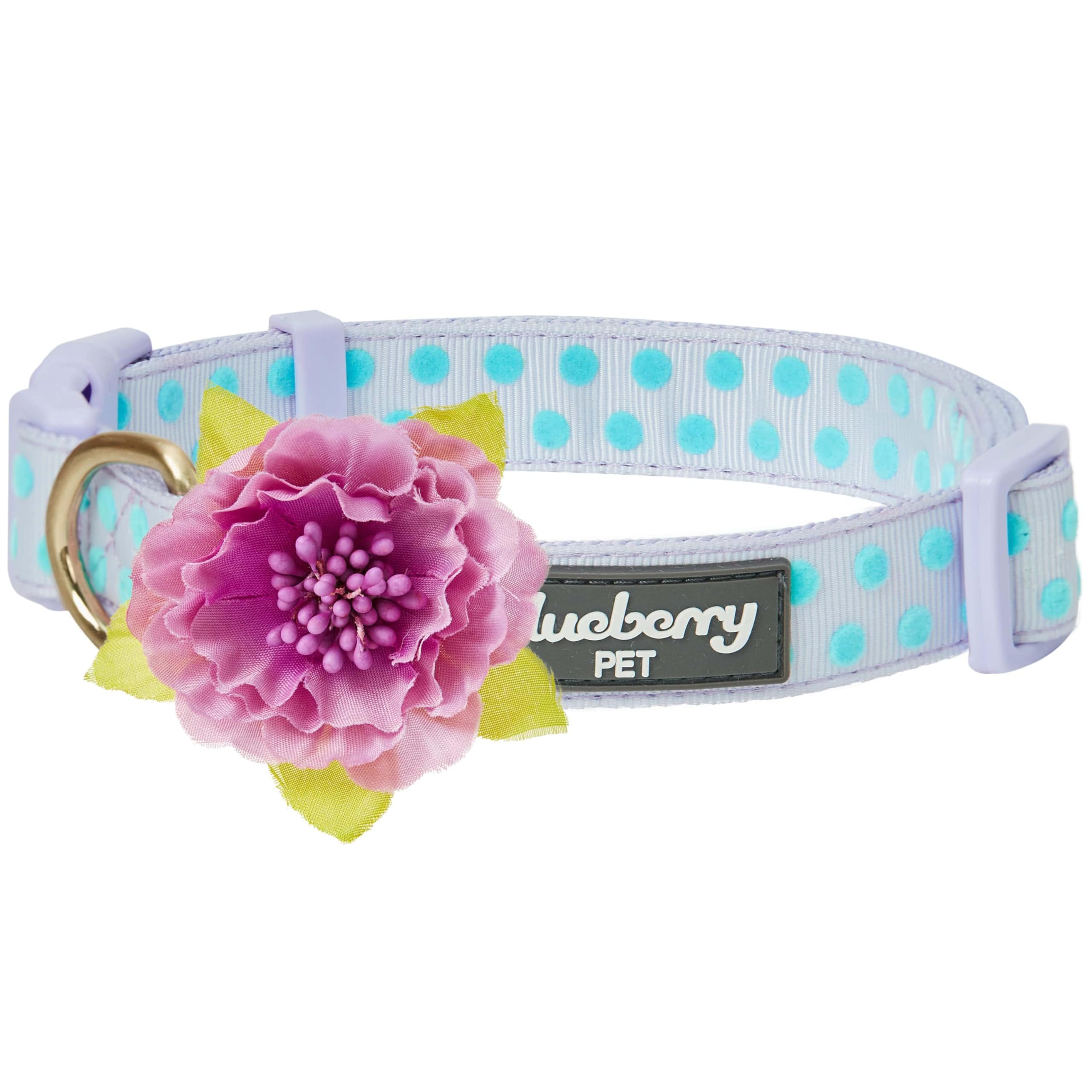 Blueberry Pet 4 Patterns Adjustable Flocking Dog Collar with Artificial Silk Flower - Polka Dot in Pastel Purple, Large, Neck 18