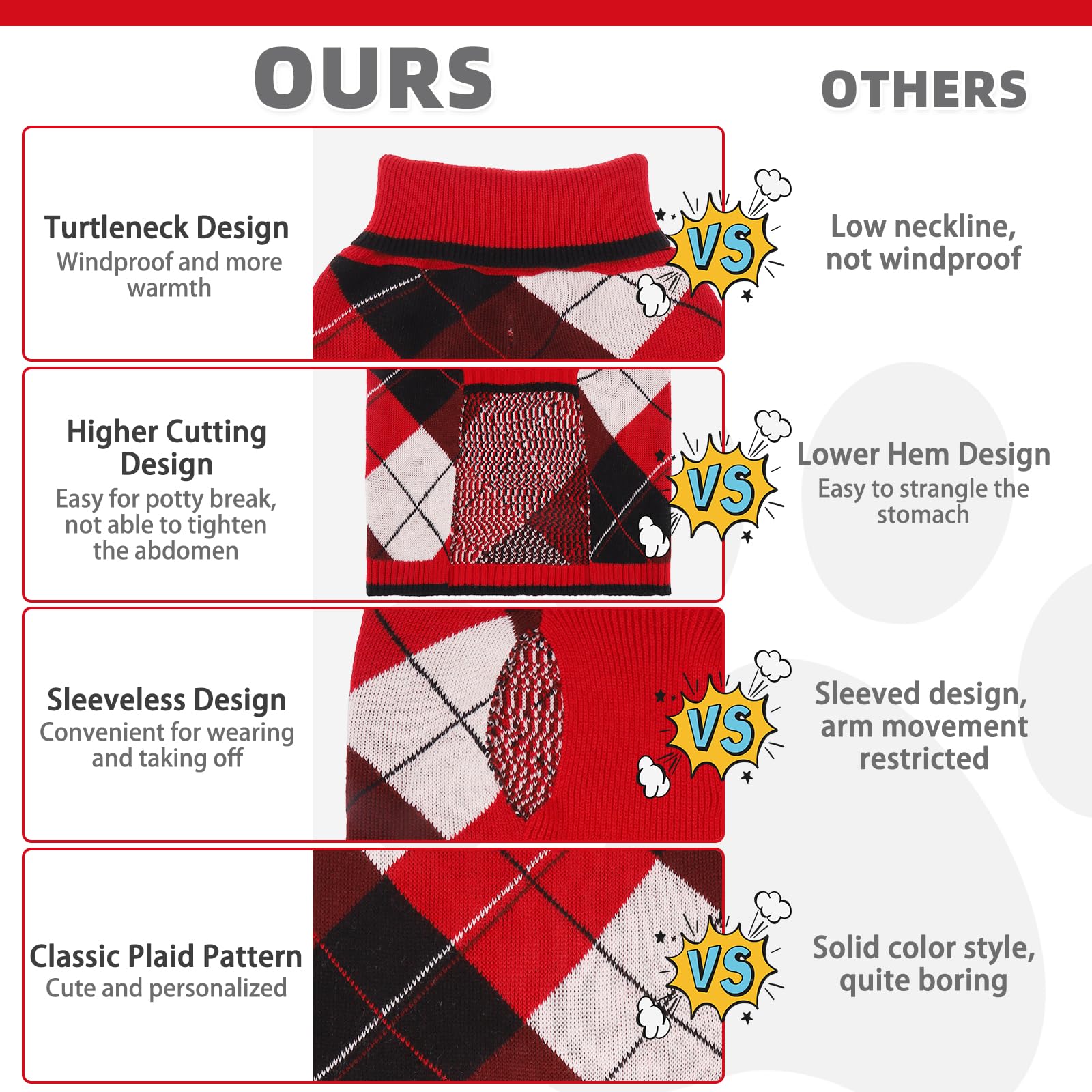 KOOLTAIL Dog Sweater Pet Knitted Clothes-Classic Plaid Pullover Turtleneck Red Fleece Dog Christmas Sweaters with Leash Hole, Th