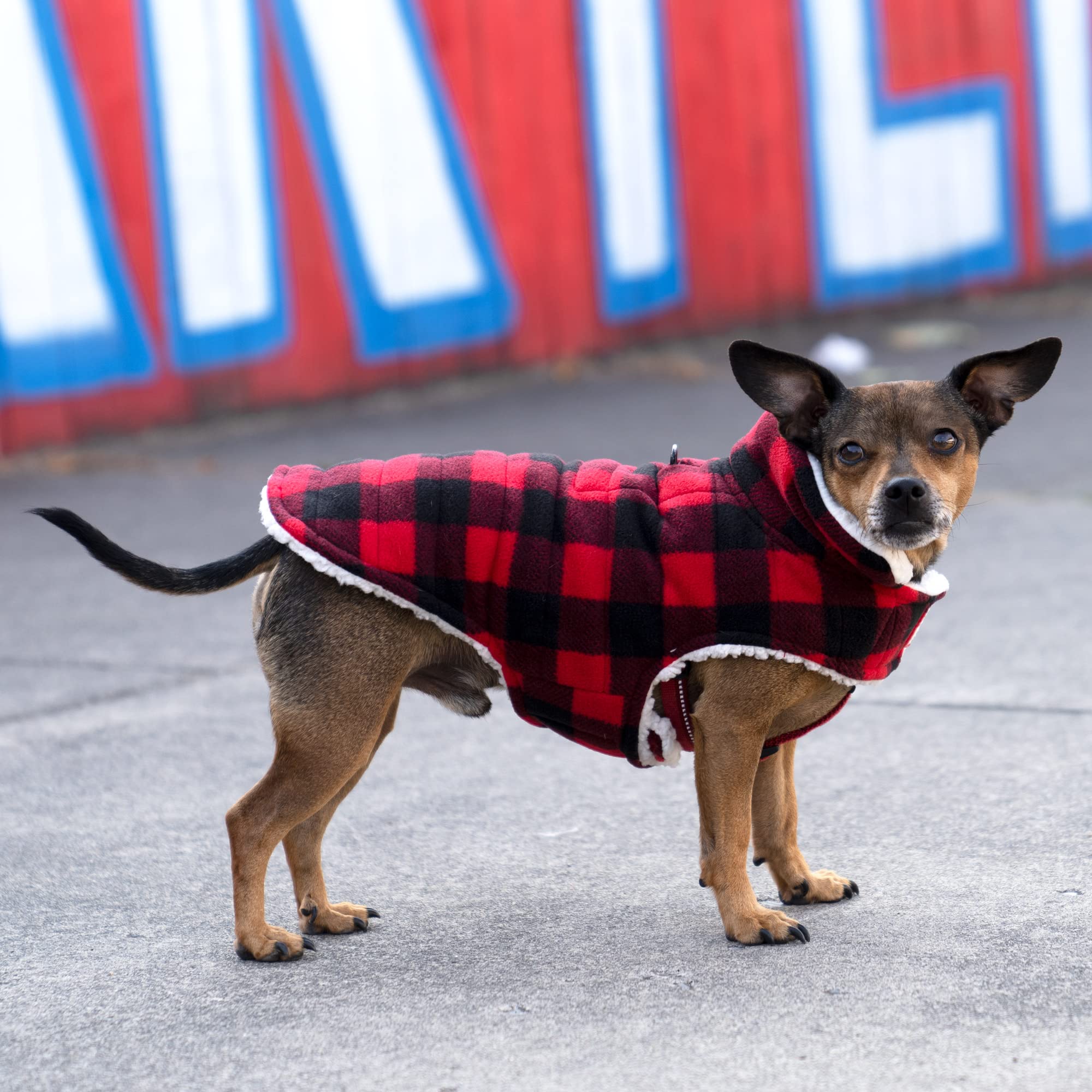 Furhaven Reversible Xs Dog Coat, Washable & Insulating W/ Leash Access - Sherpa & Plaid Fleece Flex-Fit Jacket - Cream/Red, Extra Small