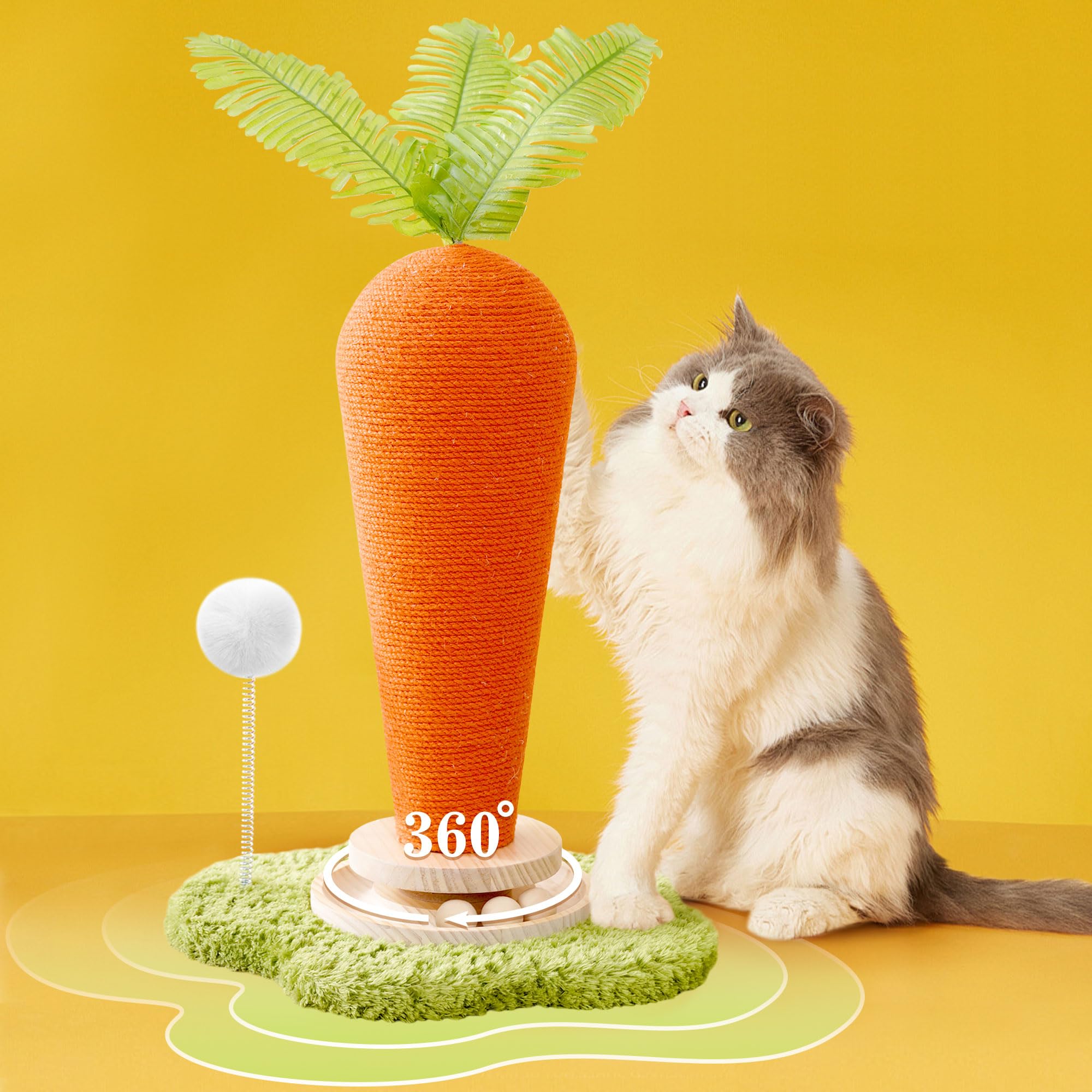 24' H Cat Scratching Post Carrot With Catnip, Cute Cat Scratcher Post With Durable Natural Wooden Turntable Toy, Carrot Shape De