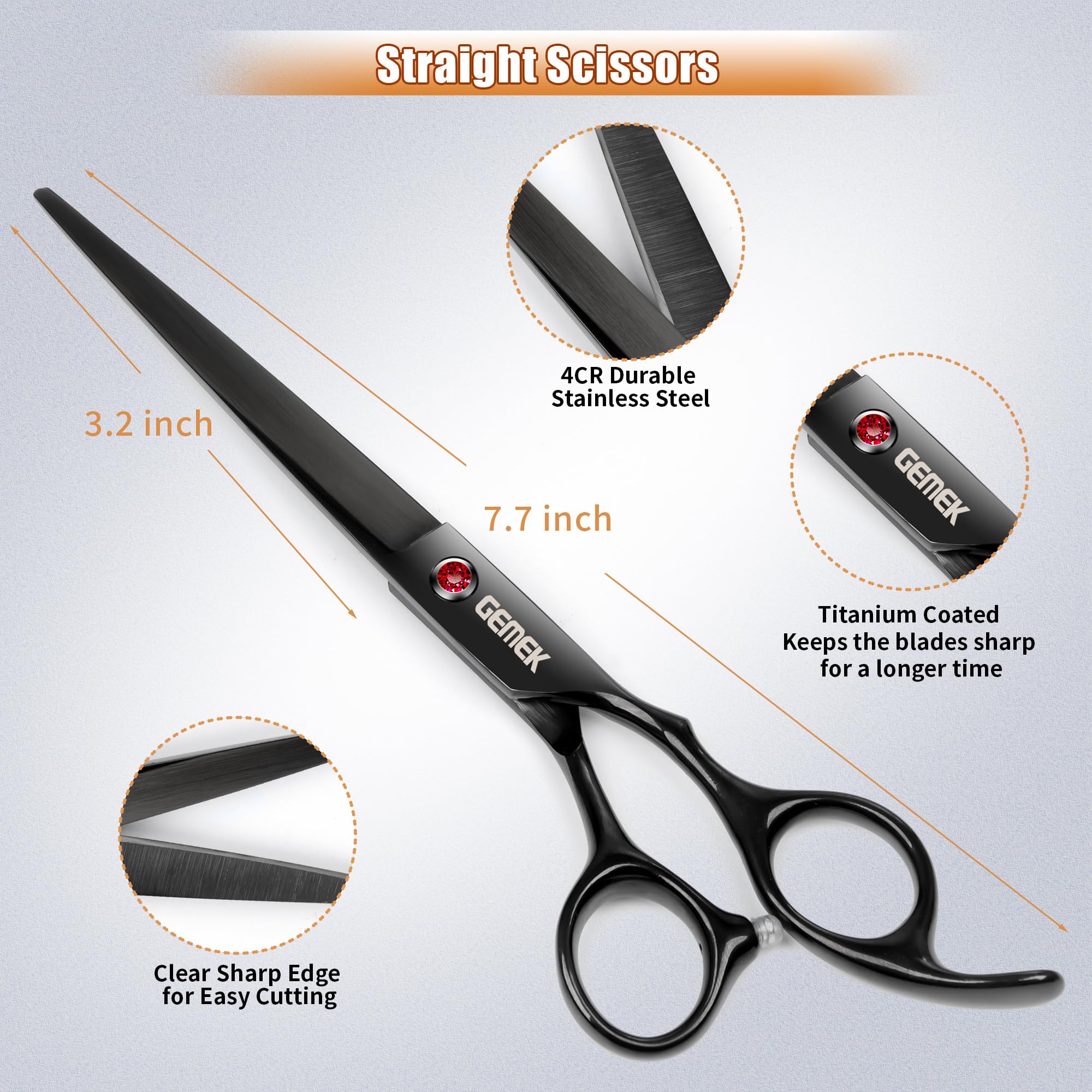 7.0in Titanium Professional Dog Grooming Scissors Set, GEMEK 6 in 1 Straight & Thinning & Upwards Curved & Downwards Curved Scis