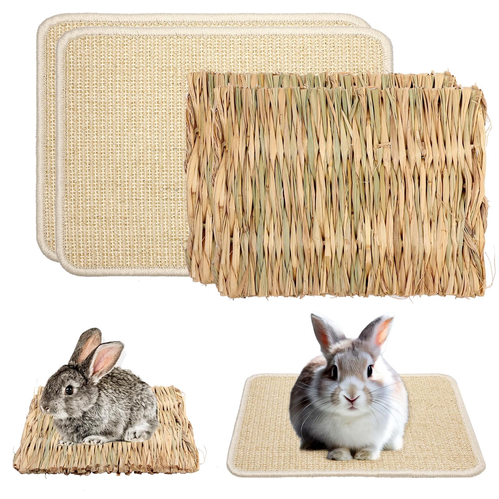 4 Pcs Rabbit Scratcher Mat, Rabbit Grass Mats For Rabbits Cage Accessories, Natural Sisal Cat Rabbit Scratching Pad, Natural Hay