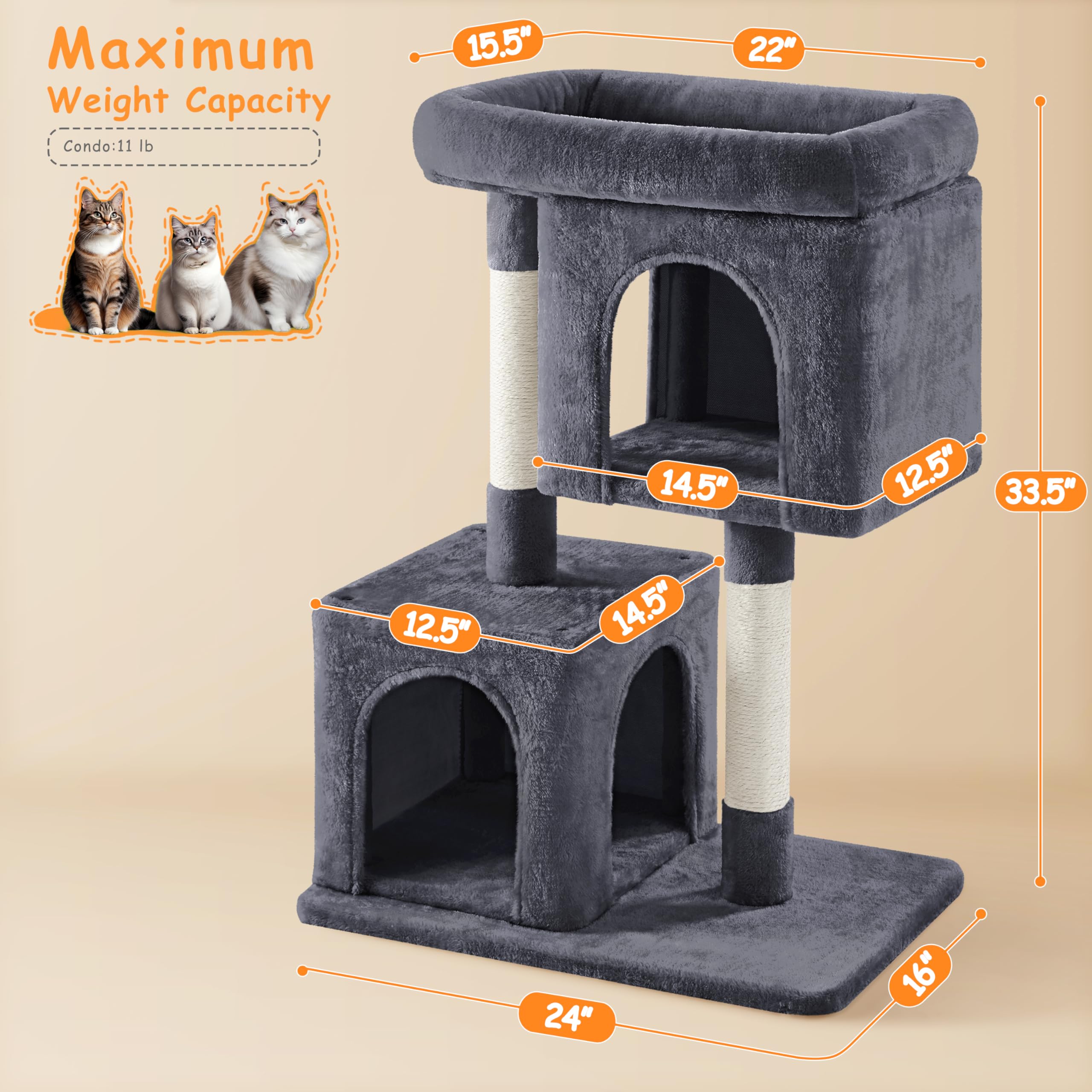 Yaheetech 33.5In Cat Tree Tower For Indoor Cats W/2 Cozy Plush Condos, Oversized Perch & Sisal Scratching Posts, Stable Cat Stand House For Large Cats & Pets