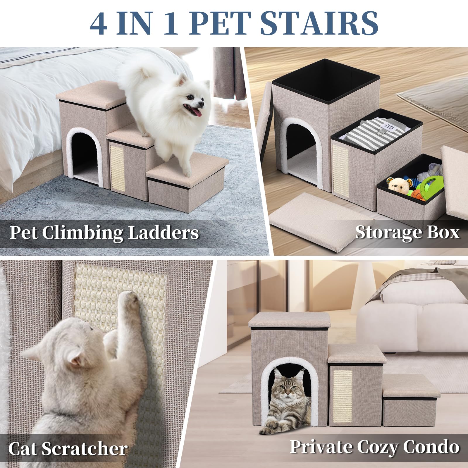 Pet Steps For Bed And Couch, 17''H Foldable Stairs For Small Older Dogs And Cats, Adjustable With Storage, Ramps With Condo, Scr
