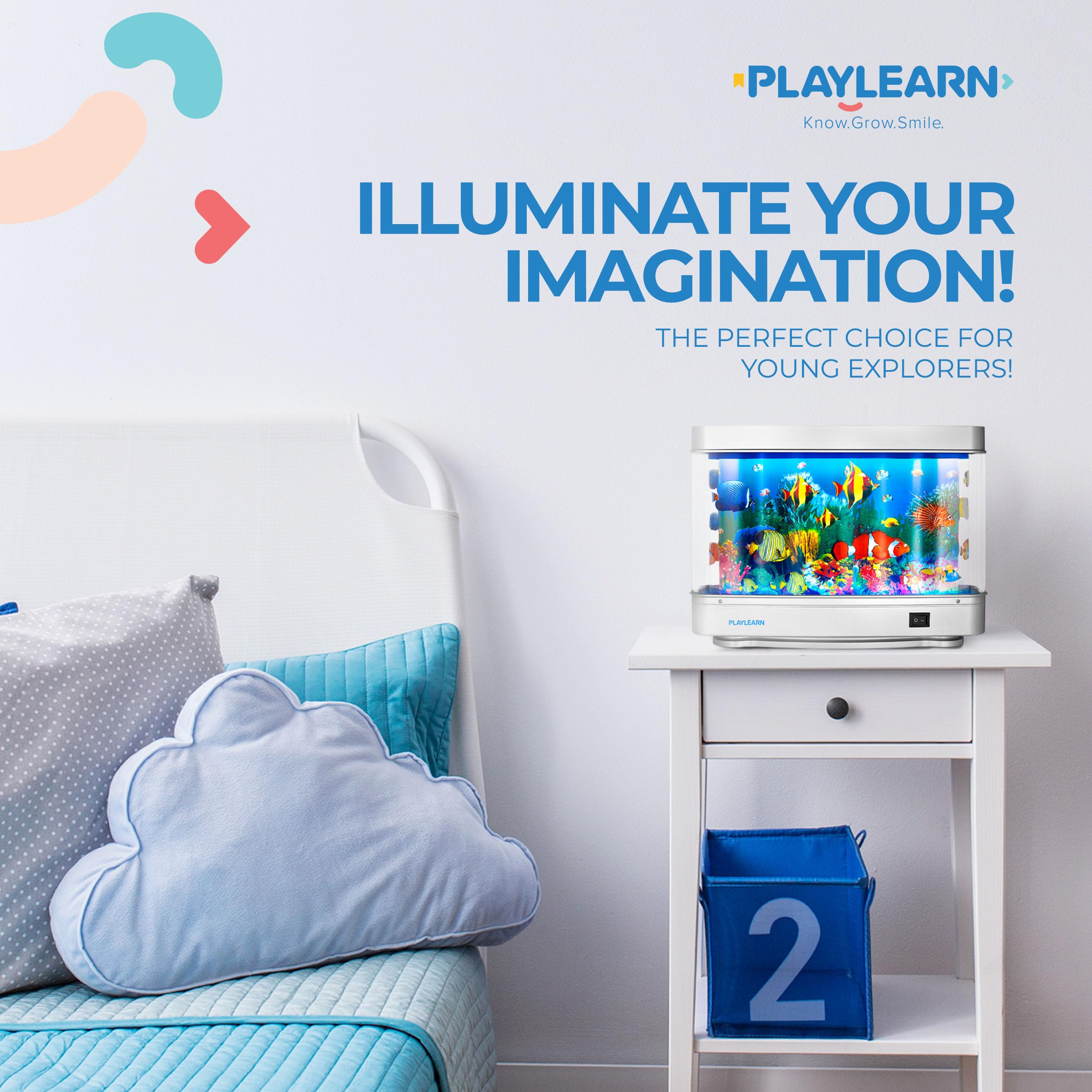 Playlearn Fake Fish Tank Mini Aquarium - Artificial Fish Tank With Moving Fish - Fake Aquarium Lamp - Perfect Sensory Lamp