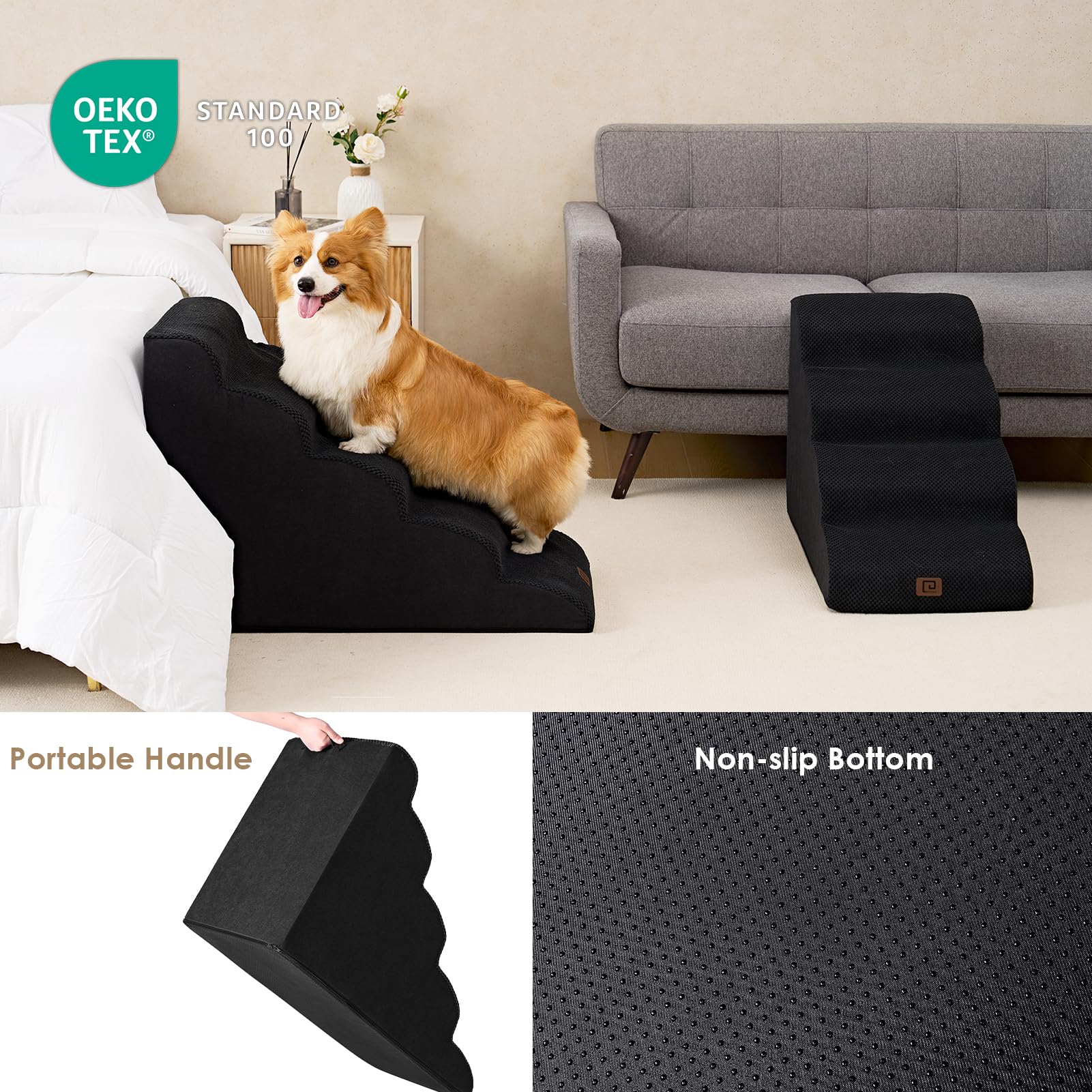 Eheyciga Curved Dog Stairs Ramp For High Beds 22.6' H, 5-Step Dog Steps For Small Dogs And Cats, Pet Stairs For High Bed Climbing, Non-Slip Balanced Pet Step Indoor, Black