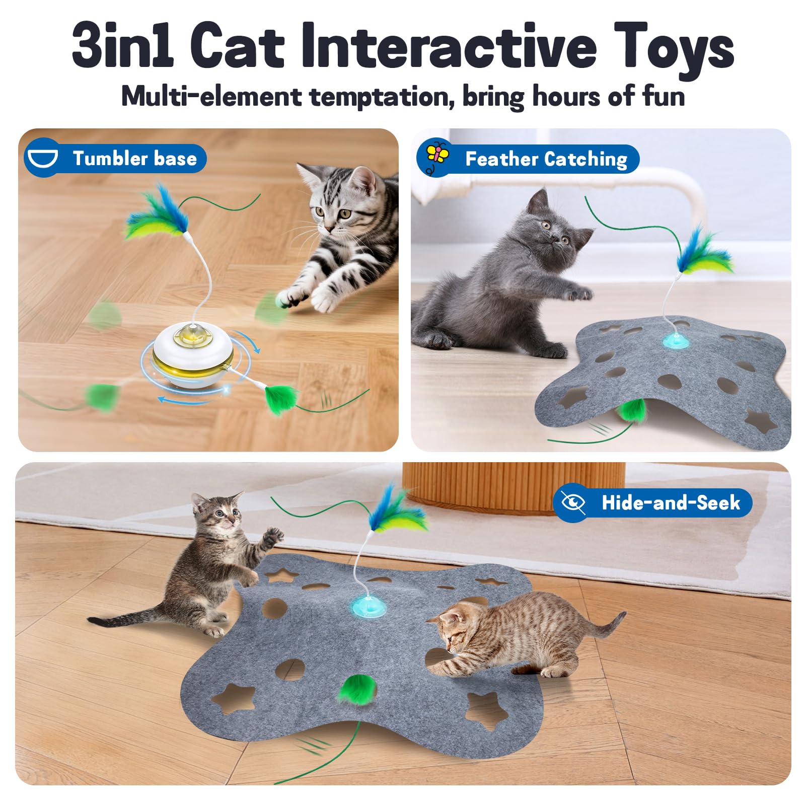 Waaiio Cat Toys for Indoor Cats,Interactive Toy Hide n Seek for Kittens,Automatic Moving Wand Feather,Motion Activated Exercise