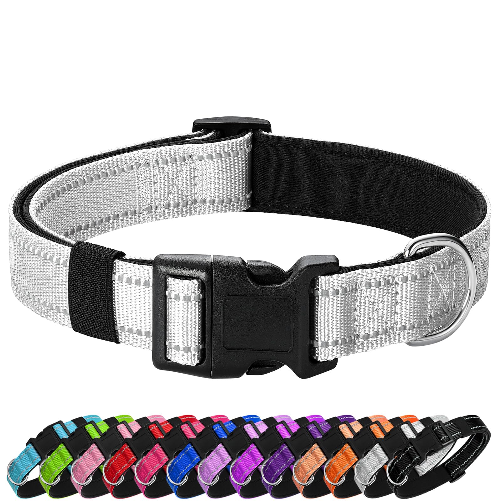 Penseepet Reflective Dog Collar Padded With Soft Neoprene Breathable Quick Release Basic Dog Collars For Small Dogs Girl Boy Silver