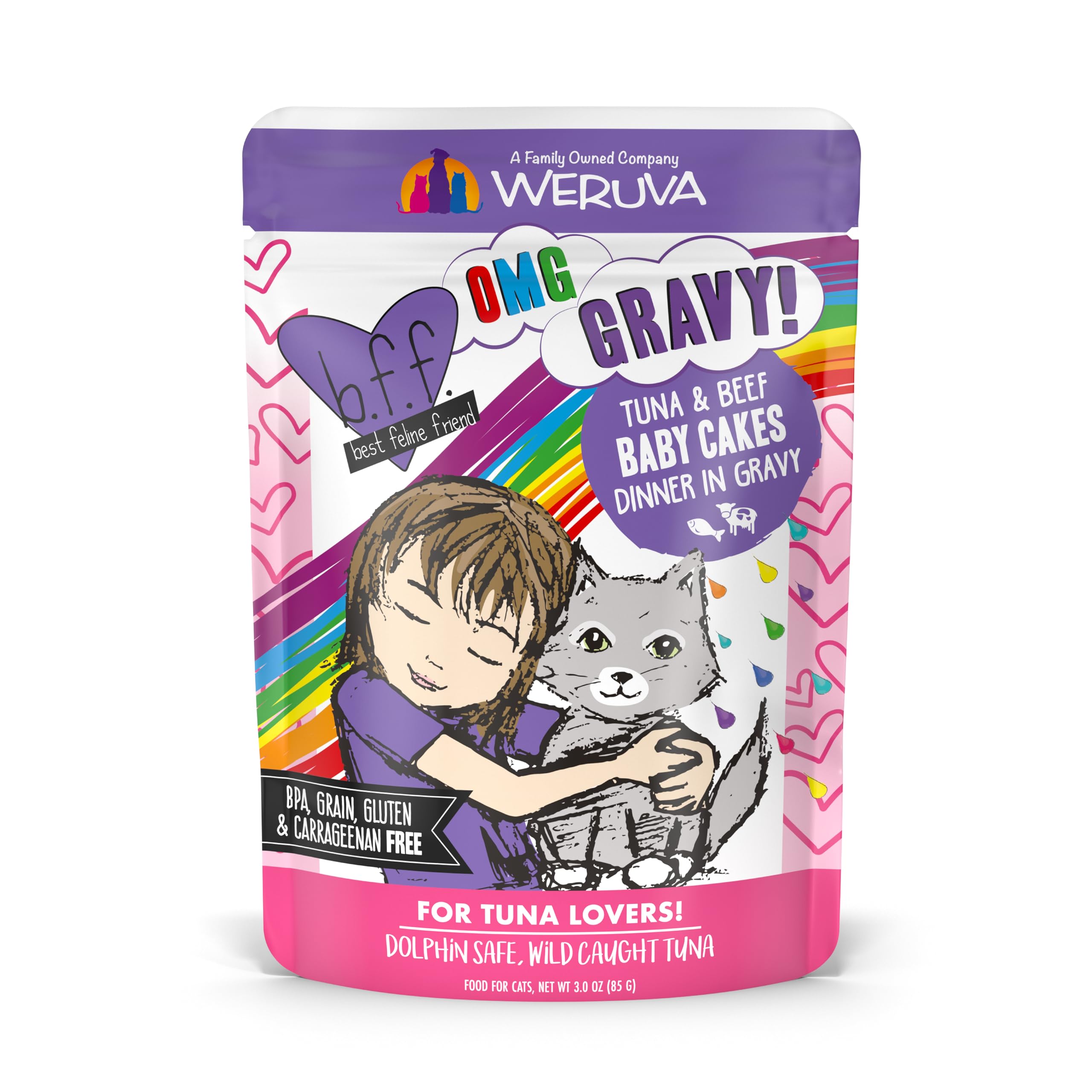 Weruva B.F.OMG - Best Feline Friend Oh My Gravy!, Tuna & Beef Baby Cakes with Tuna & Beef in Gravy Cat Food, 3oz Pouch (Pack of 