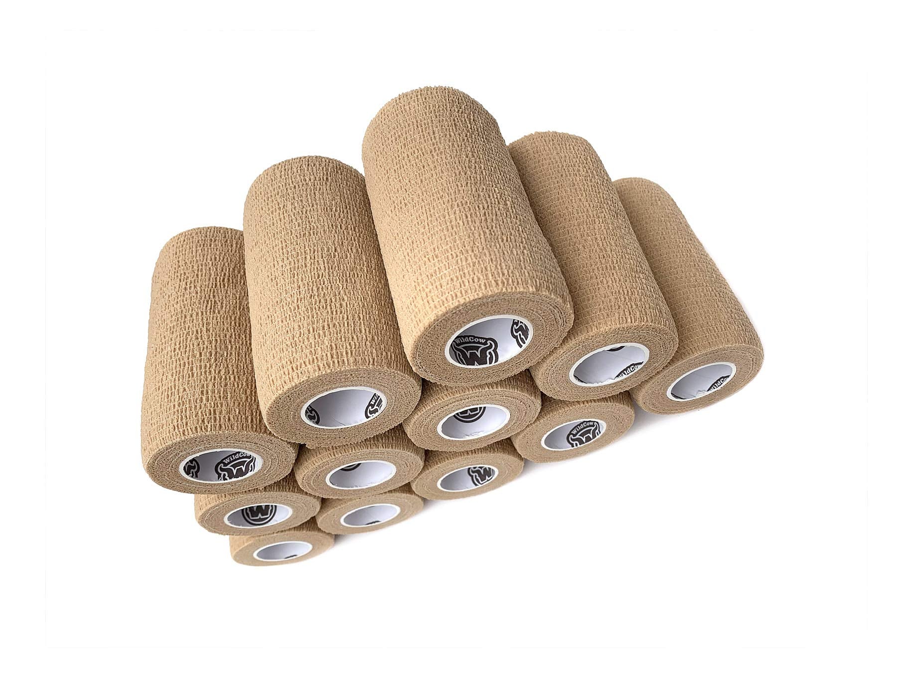 WildCow 4 Tan Vet Wrap Tape Bulk, 12 Pack Cohesive Bandage Wrap, Self Adherent Grip Rolls 