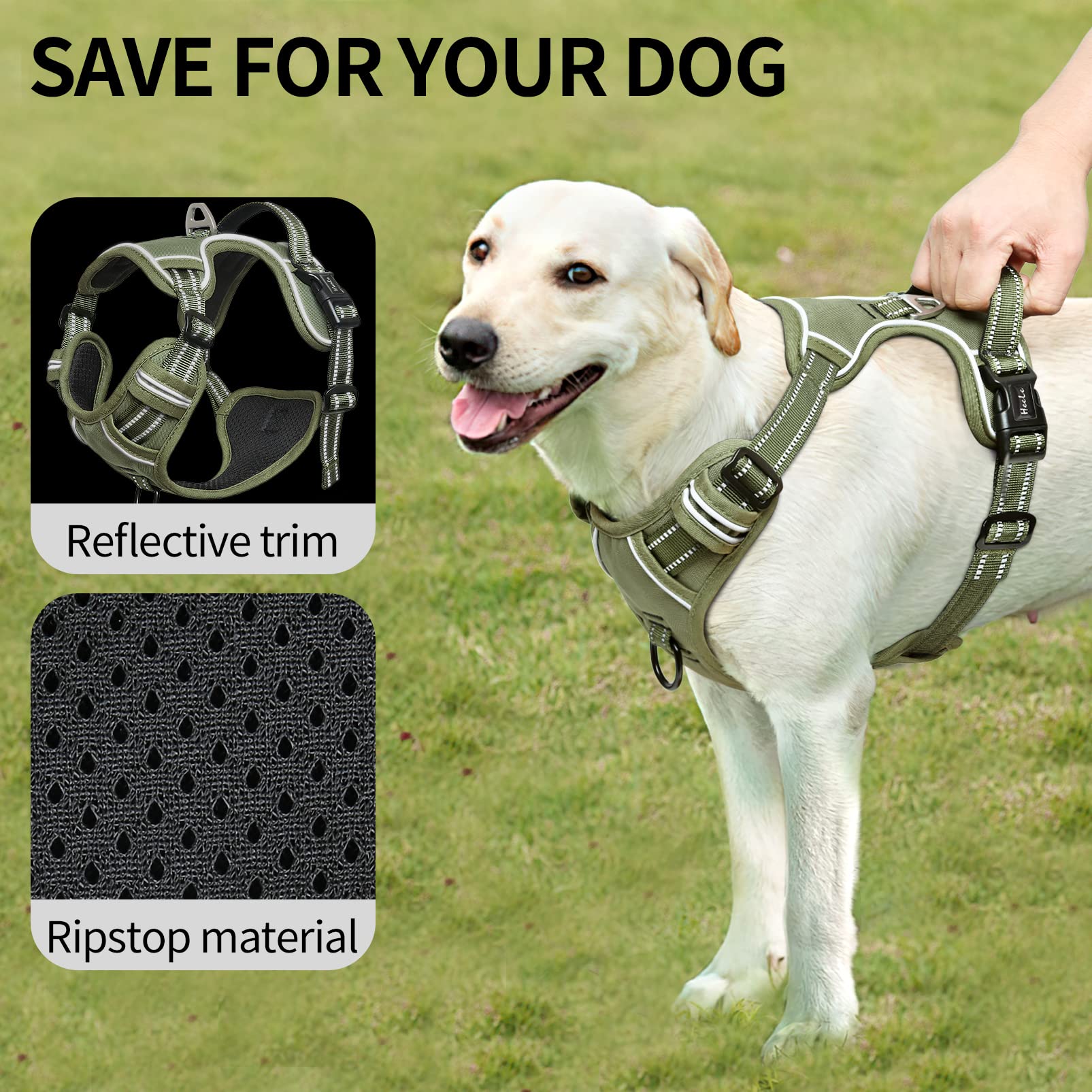 HEELE Dog Harness No Pull Adjustable Padded Reflective for Small Medium Large Dogs, XL, Green, Model: Harnais Chien