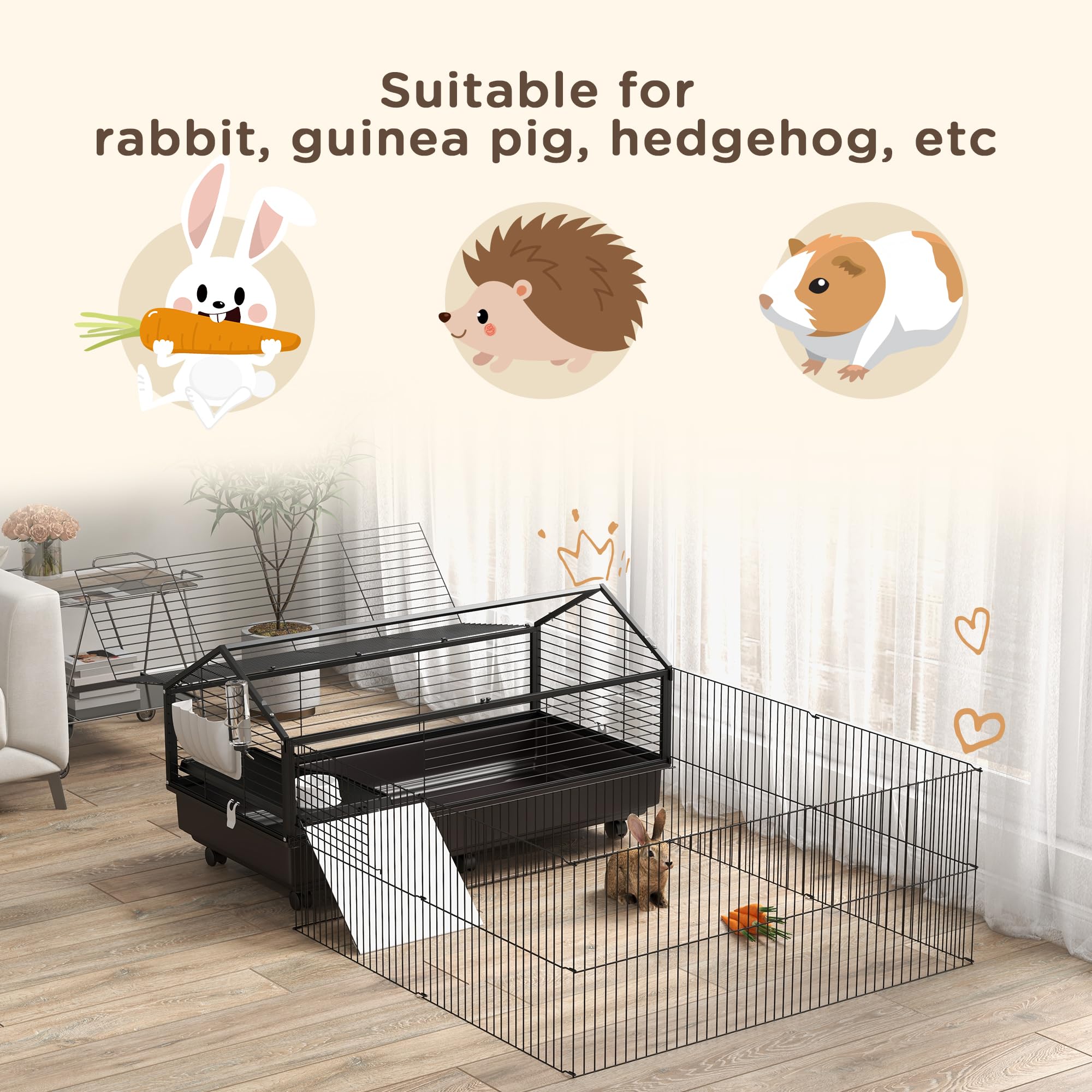 Pawhut Small Animal Cage With Foldable Run Area, Rolling Bunny Cage, Guinea Pig Cage, Hedgehog Cage With Water Bottle, Water Bowl, And Ramps, 46.5'