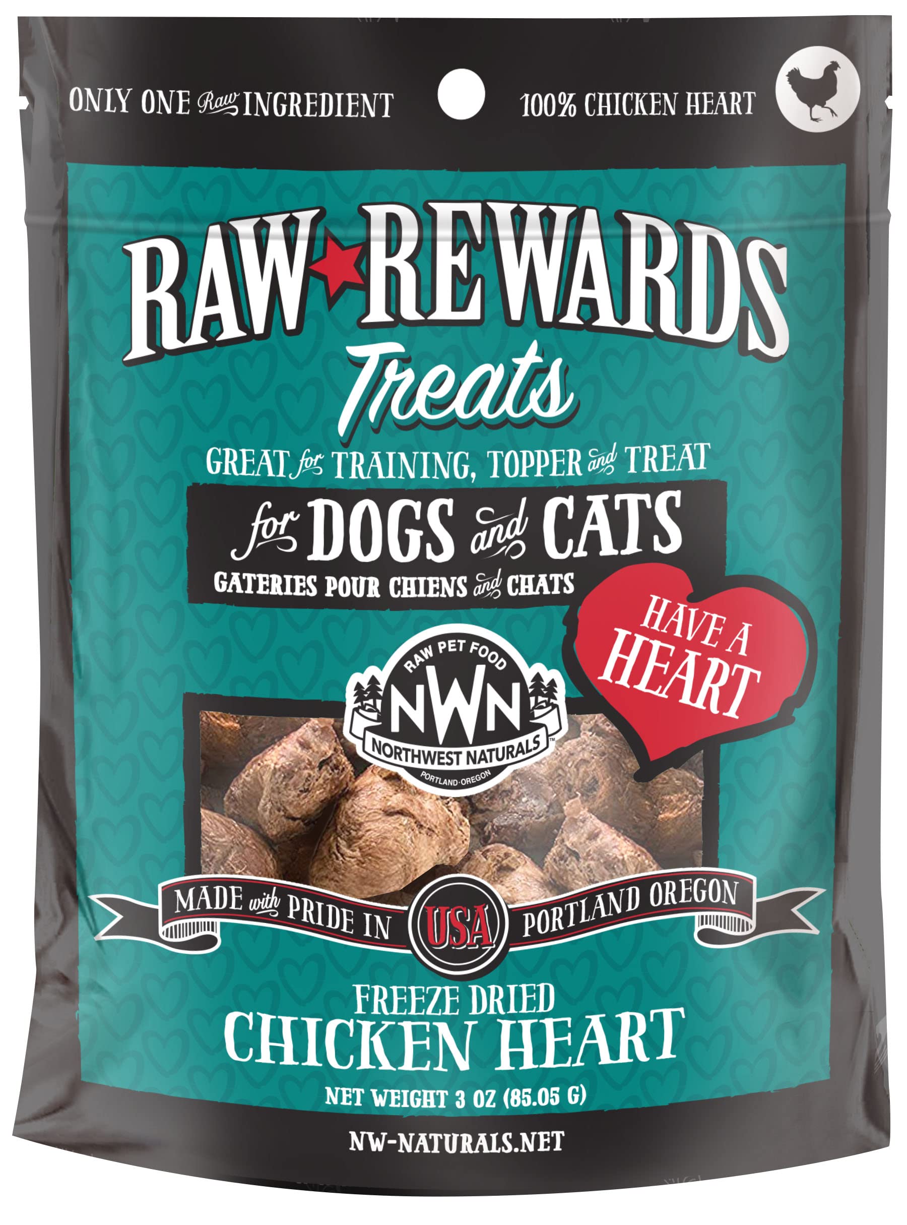 Northwest Naturals Raw Rewards Freeze-Dried Chicken Heart Treats for Dogs and Cats - Bite-Sized Pieces - Healthy, 1 Ingredient,